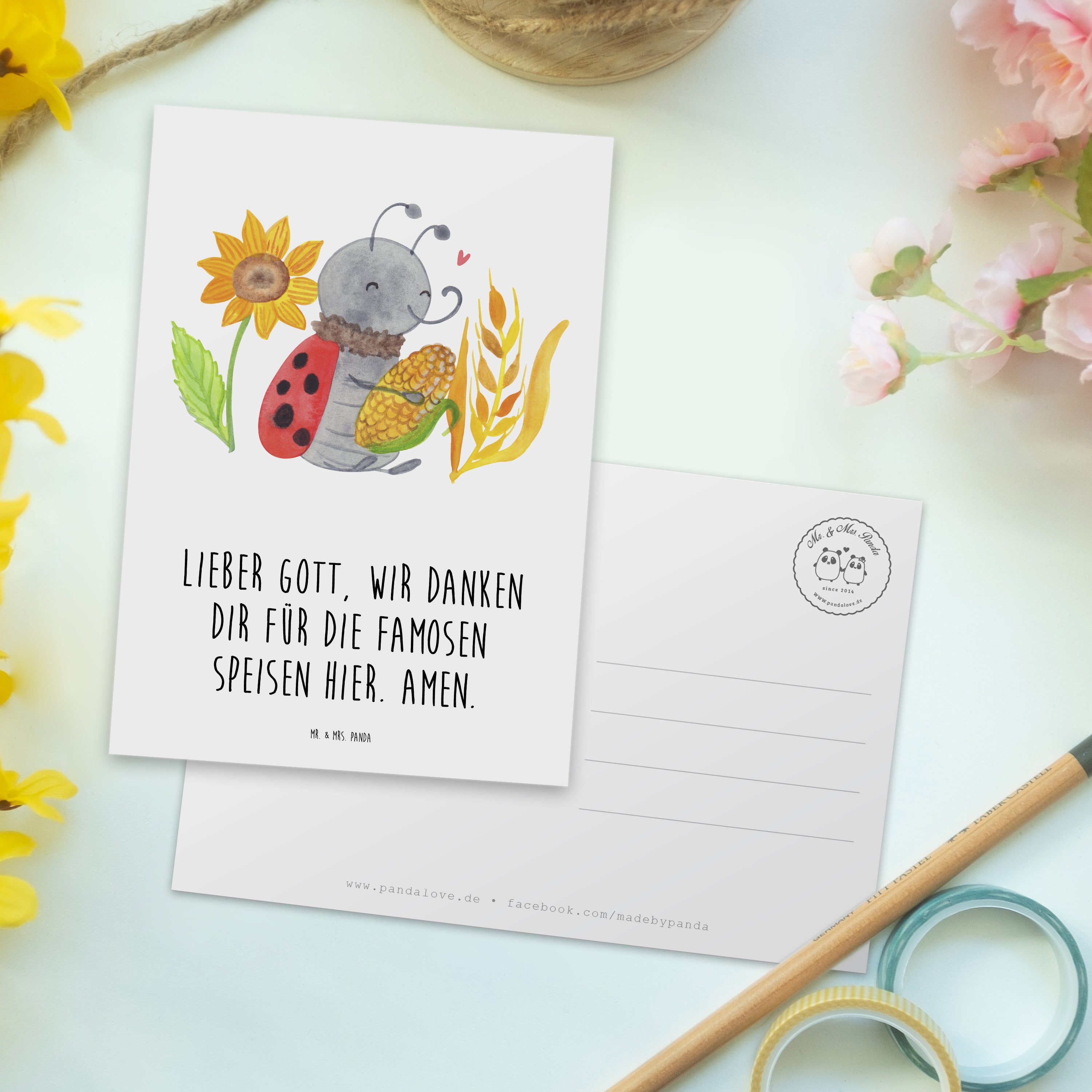 Mr. Panda Weiß Mrs. Dankeskarte, Erntedank - Grußkart - Geschenk, & Postkarte Maiskolben, Smörle