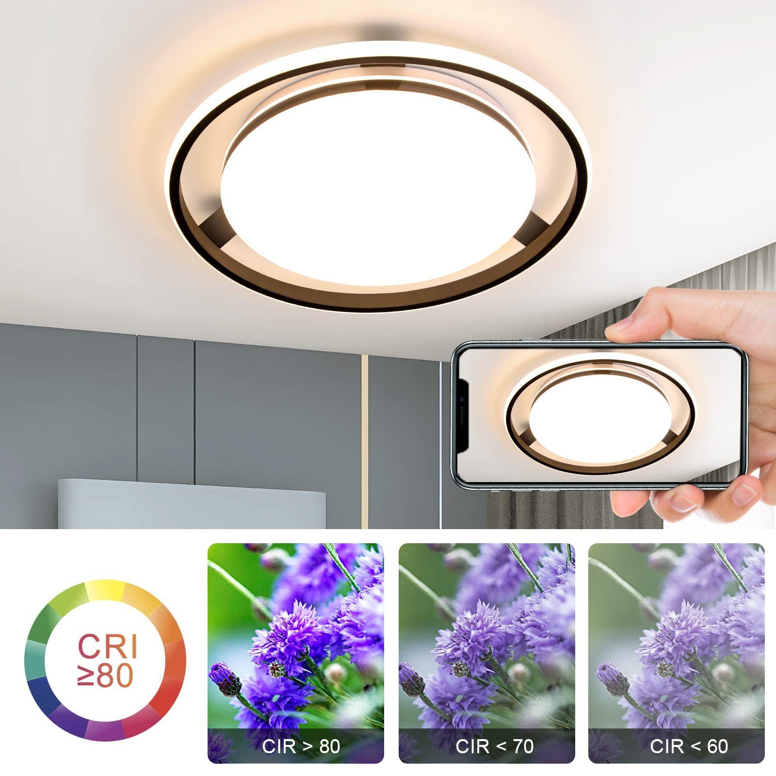 ZMH LED Deckenleuchte Rad-Rund Design Dimmbar Fernsteuerung 42W, LED fest integriert, warmweiß-kaltweiß, 44.5cm Schwarz – Bild 4 von 5
