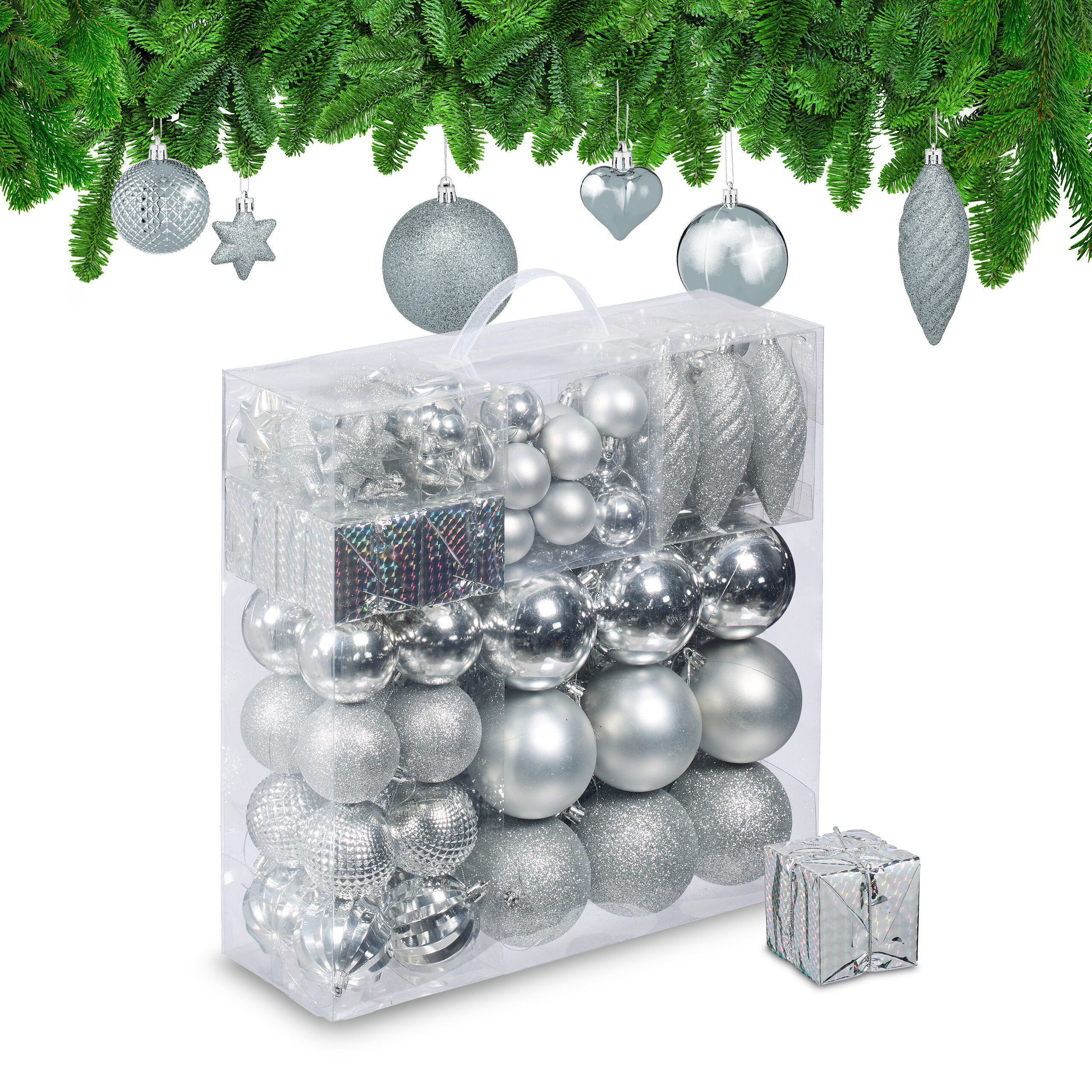 relaxdays Weihnachtsbaumkugel Weihnachtskugeln im 110er Set (110 St), silber