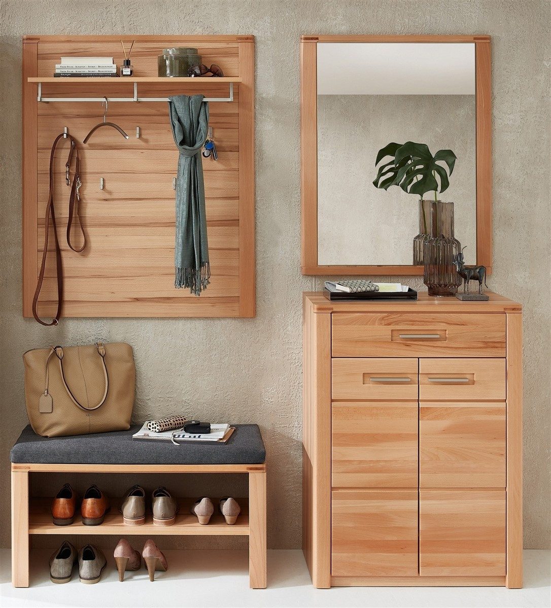 freiraum Garderoben-Set Nature One, (4-teilig) in Kernbuche, teilmassiv - 164x193x40cm (B/H/T)
