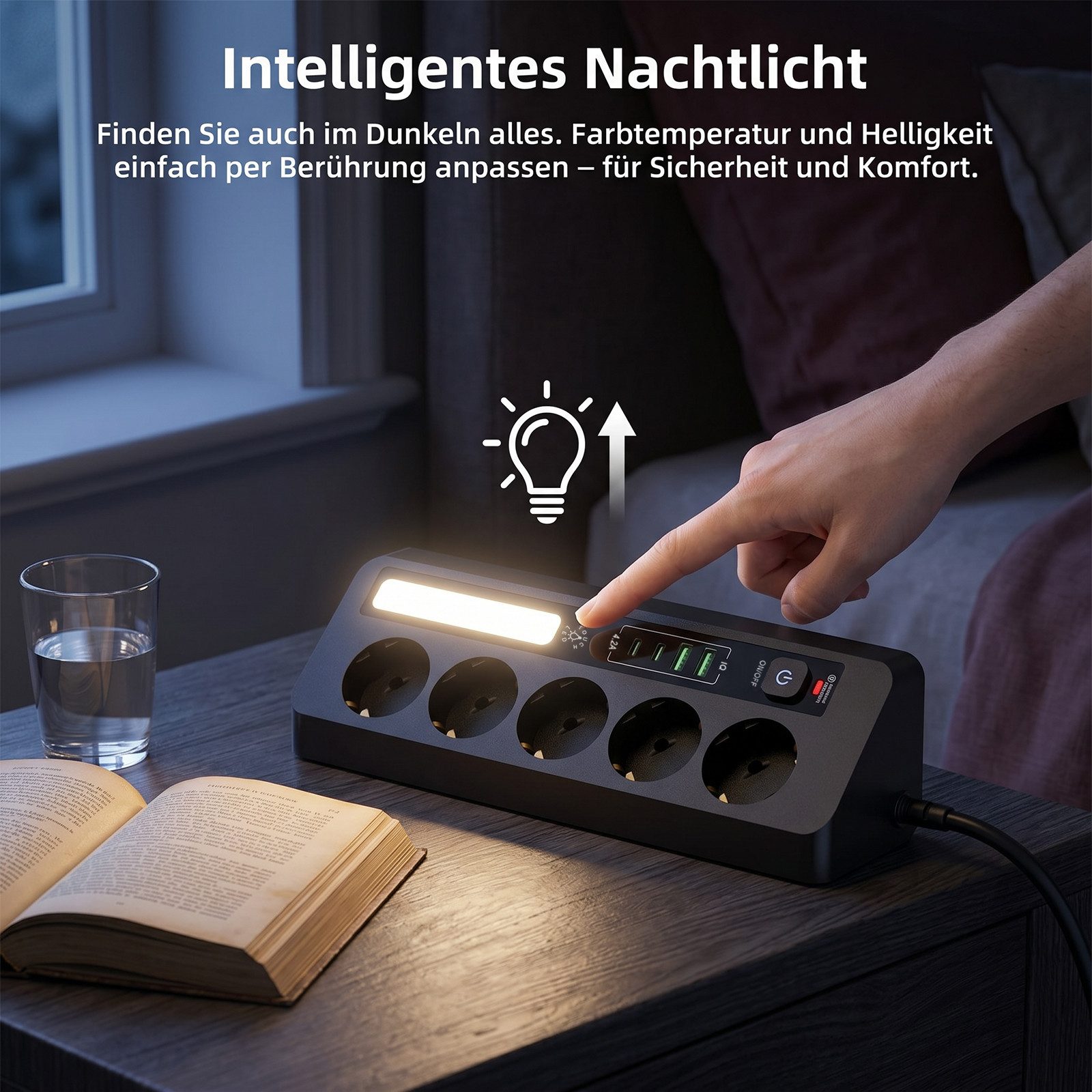 AKKEE Tischsteckdosenleiste mit 5 Steckdosen, LED-Lichtleiste Mehrfachsteckdose (LED), 2 USB-A-Anschlüssen und 2 USB-C-Anschlüssen Dreieckiges Design 90° – Bild 5 von 5