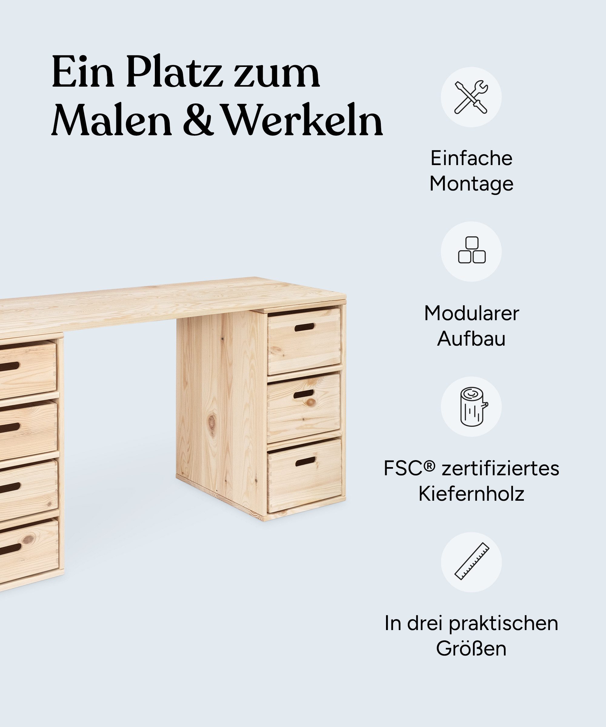 Ehrenkind Regalelement Tischplatte Aufbewahrungssystem, Regalsystem, Tischplatte für Aufbewahrungssystem Kiefer, 68 cm, Verwandelt Regalmodule in Mal- und Basteltisch