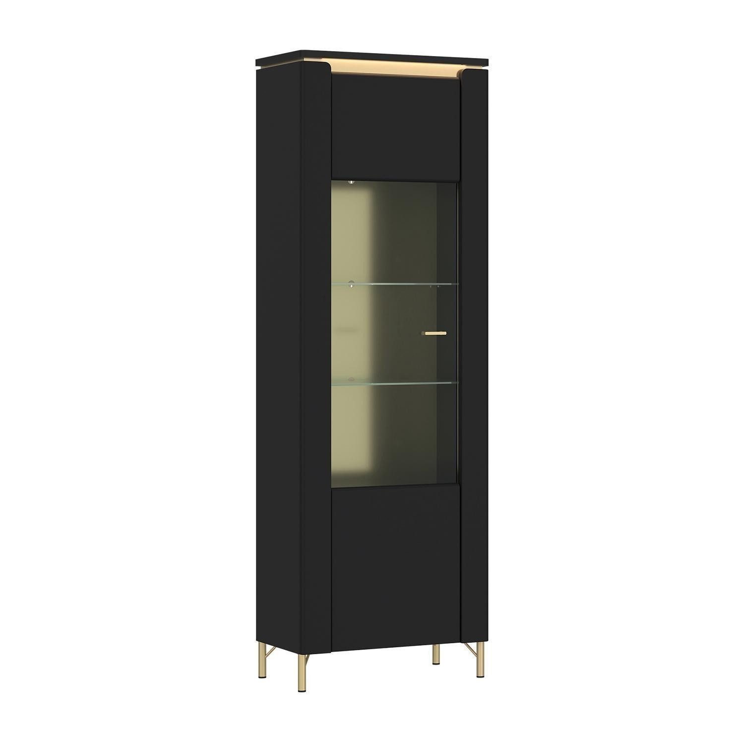 Vitrine NORICA, 1 Glastür, Goldgelb, Schwarz, Soft-Close, ohne Beleuchtung, B 66 x H 201 x T 40 cm