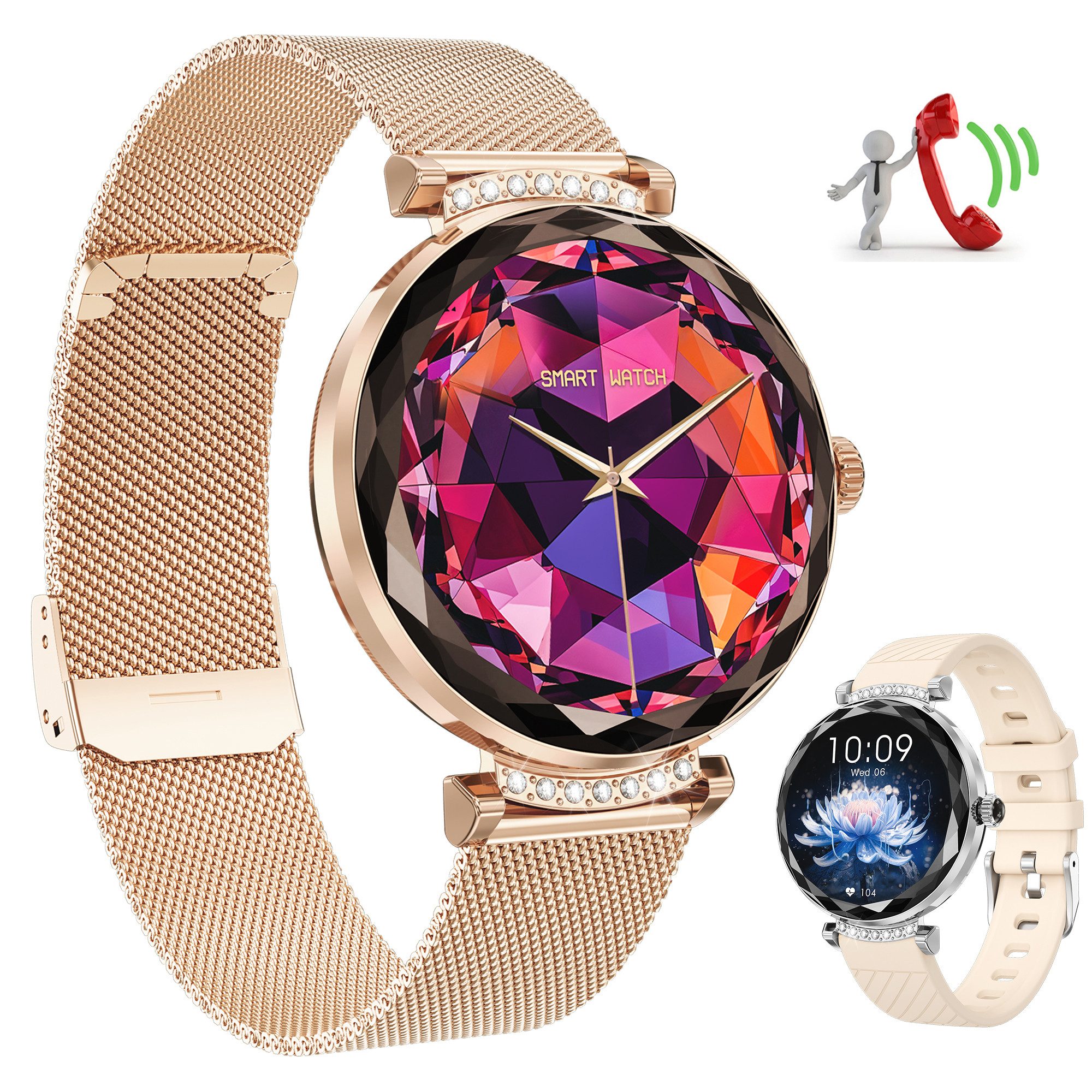 BEKOMIYA Smartwatch, Fitness Tracker Uhr für Damen mit Anruffunktion Smartwatch (1,19" extra HD AMOLED-Full-Touch-Farbbildschirm Zoll) Diamant Damen Stahl Smartwatch,390 * 390 High-Definition-Auflösung, IP68 Wasserdicht Fitness Tracker Smartwatch,2 Austauschbare Armbänder, mit Frauengesundheit,Blutdruckmessung,Herzfrequenz,Schlafqualität