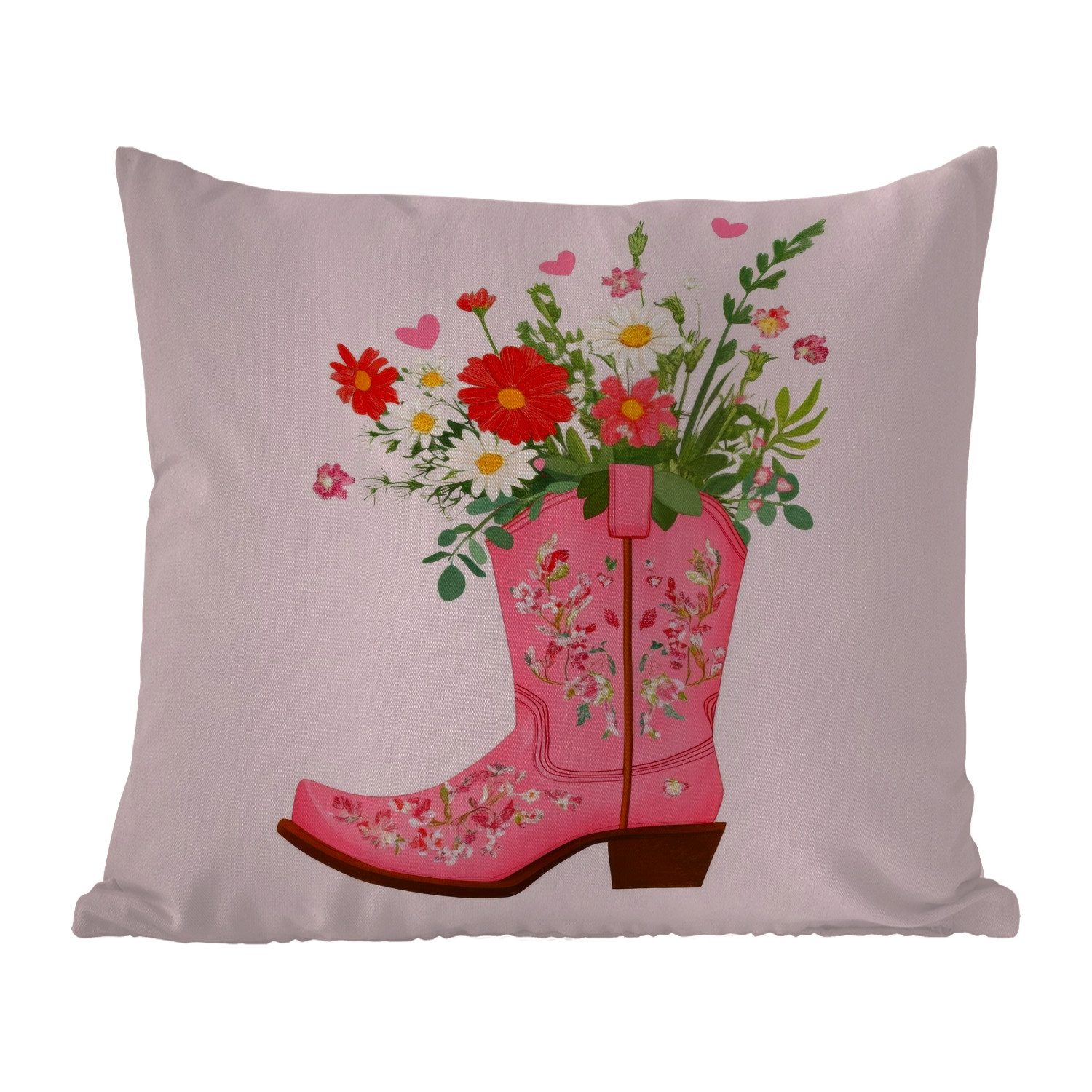 MuchoWow Dekokissen Cowboystiefel - Rosa - Strauß - Blumen, Kissenhülle für den Außenbereich, Outdoor, Kissen, 60x60 cm