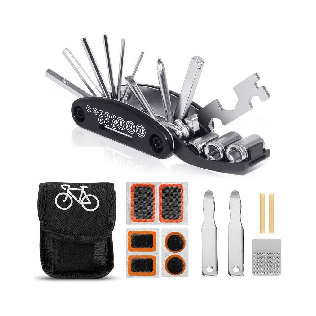 Leway Fahrradwerkzeugset Fahrrad-Werkzeug-Set & Multitool (16 in 1) aus  Stahl für die Satteltasche - kompaktes Fahrrad-Zubehör mit Reparatur-Kit  für unterwegs