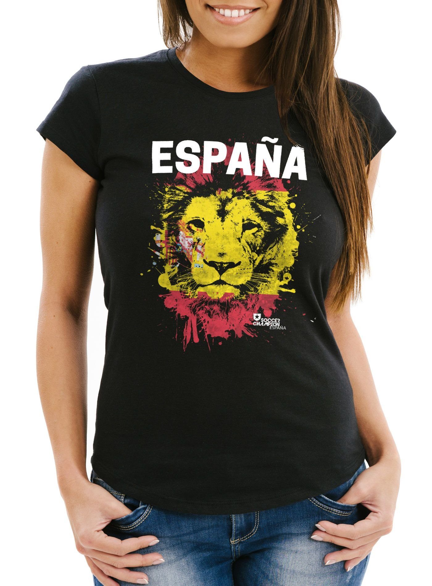 MoonWorks Print-Shirt Damen T-Shirt Fanshirt Spanien Fußball EM WM Löwe Flagge España MoonWorks® mit Print