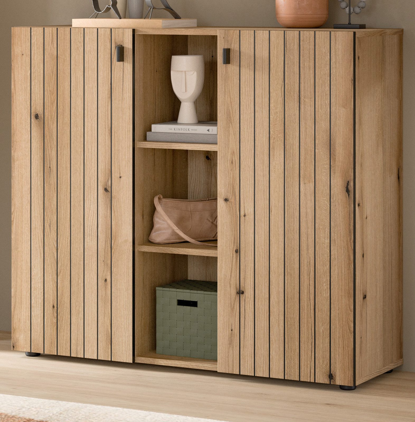 Inn.Furn Kommode Loreno (Flurkommode / Schuhkommode in Evoke Eiche mit gefrästen Leisten, 106 x 96 cm), 2-türig mit 9 Fächern
