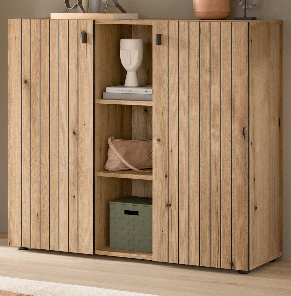 Inn.Furn Kommode Loreno (Flurkommode / Schuhkommode in Evoke Eiche mit gefrästen Leisten, 106 x 96 cm), 2-türig mit 9 Fächern