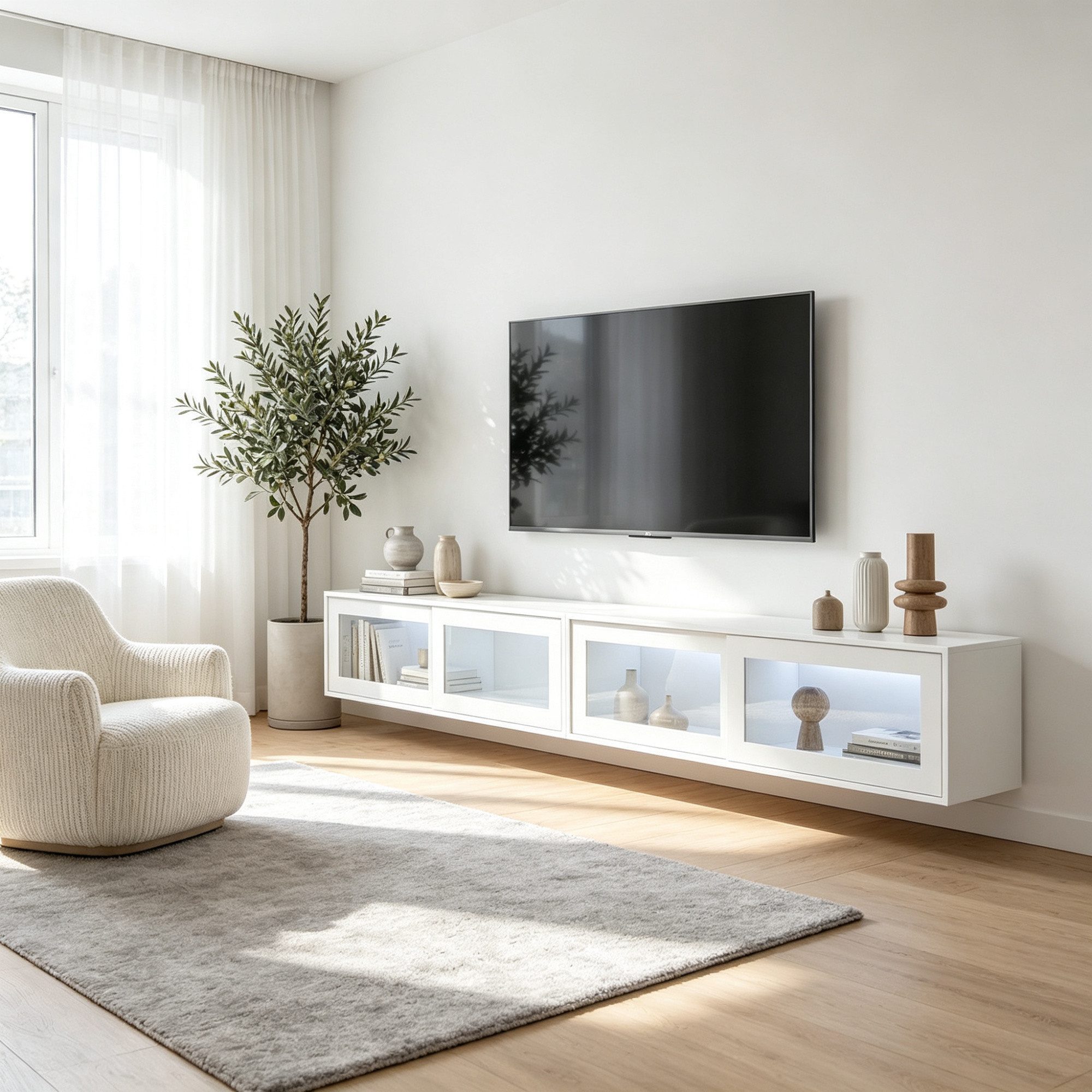 FUFU&GAGA Lowboard Hängendes TV-Lowboard 200 cm Set, Hochglanz Weiß mit LED – Bild 2 von 5