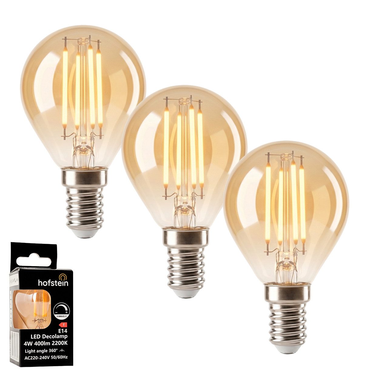 hofstein LED-Leuchtmittel 3er Set Glühbirne Extra Warmweiß dimmbar 4 Watt, E14, 2200 Kelvin, 350 Lumen, Kerze, Filament, Amber