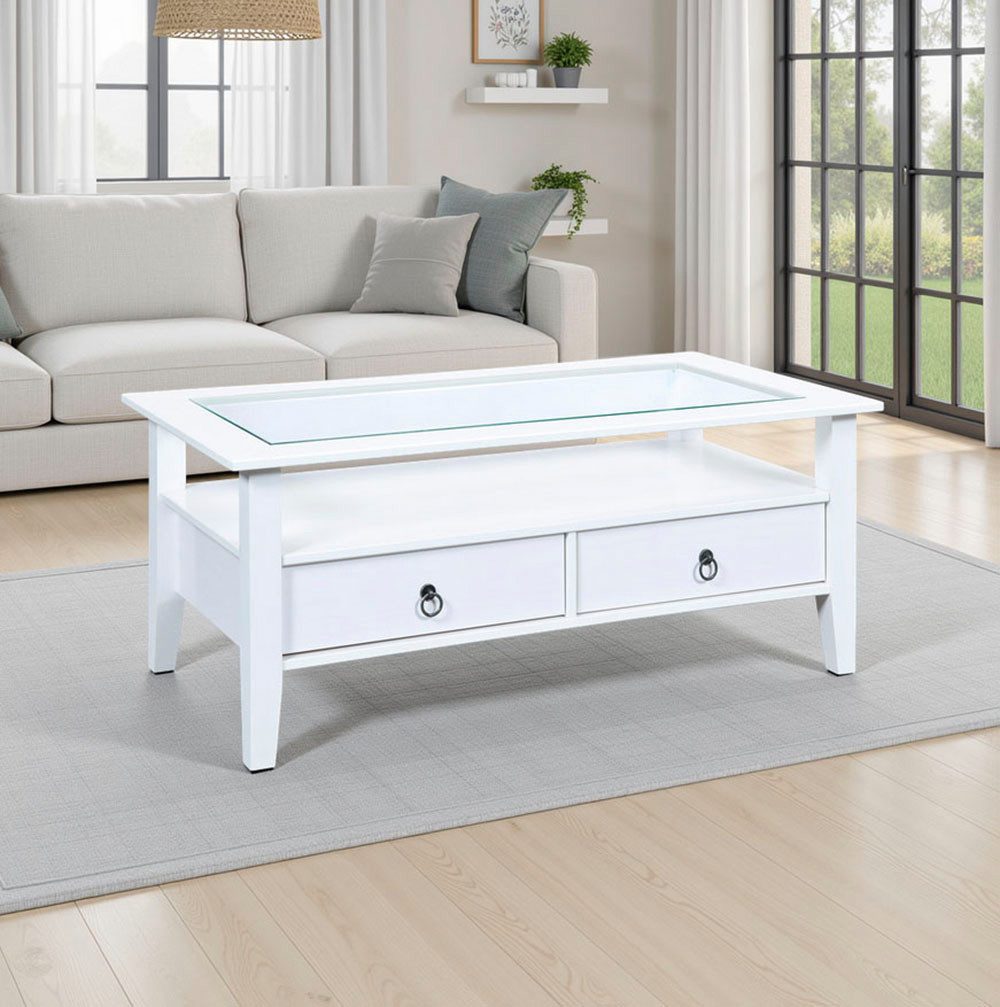 Inter Link Couchtisch Provence, Kiefer Massivholz, Glasplatte & Schublade, Landhausstil, Wohnzimmertisch, Sofatisch, Stauraum, BxTxH: 115 x 60 x 45 cm