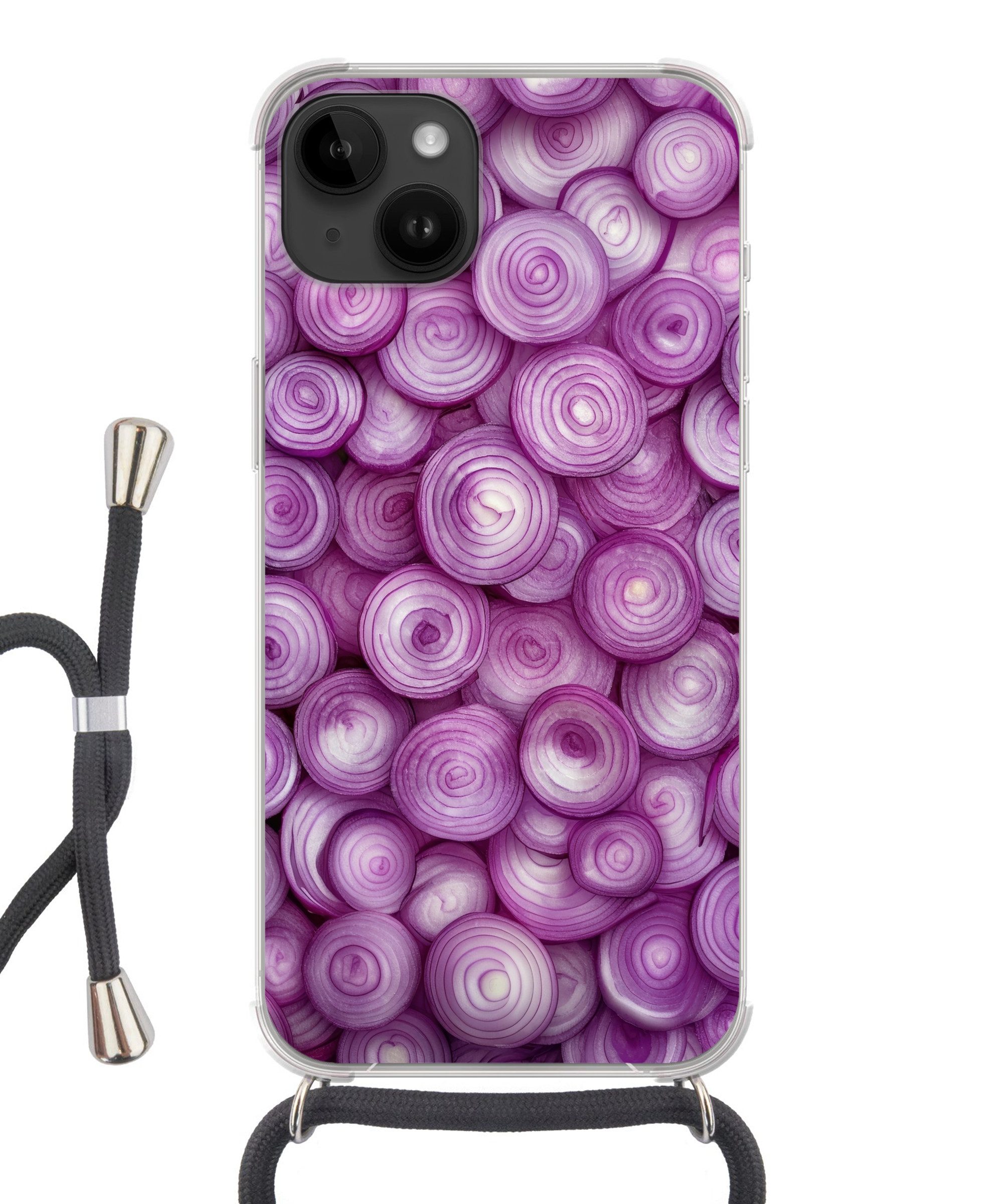 MuchoWow Handyhülle für Apple iPhone 14 Lila - Zwiebeln - Nahaufnahme, Tragbare Handyhüllen mit Kette zum umhängen, Handykette Handyband
