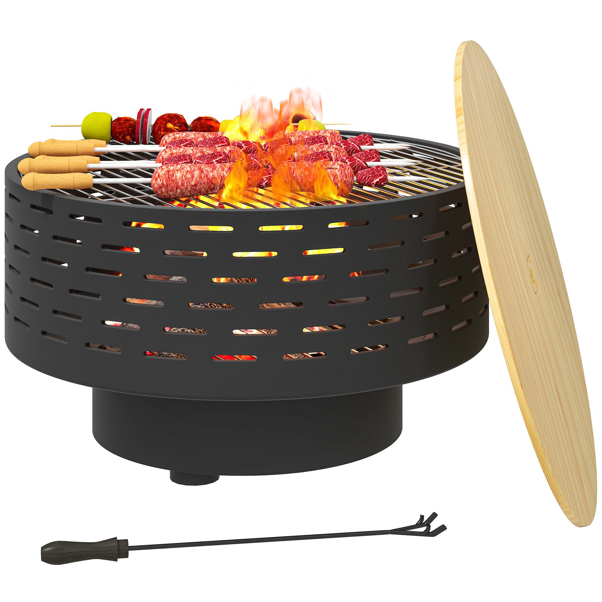 Outsunny Feuerschale Ø60 x 39cm, mit Grillrost, Schürhaken, Funkenschutz in Holzoptik, (3-in-1 Feuerstelle, 1-St., Feuerschalen aus Edelstahl), für Garten, Balkon Terrasse, Outdoor BBQ Camping, Kohlegrau