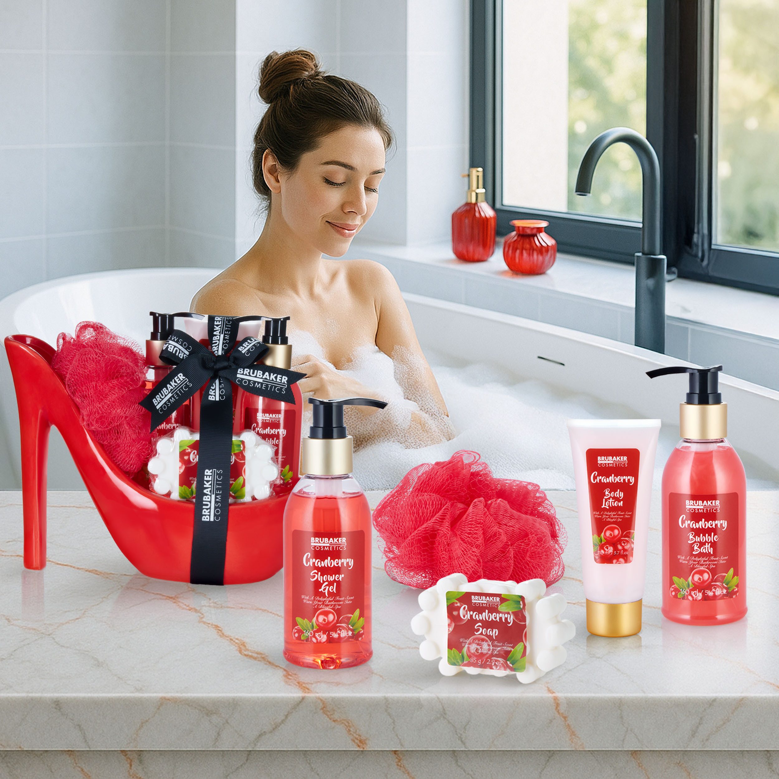 BRUBAKER Pflege-Geschenkset Dusch- und Badeset, Pflegeset Rot, 6-tlg., Damen Geschenkset in Keramik Stiletto, Beauty Set mit Cranberry Duft