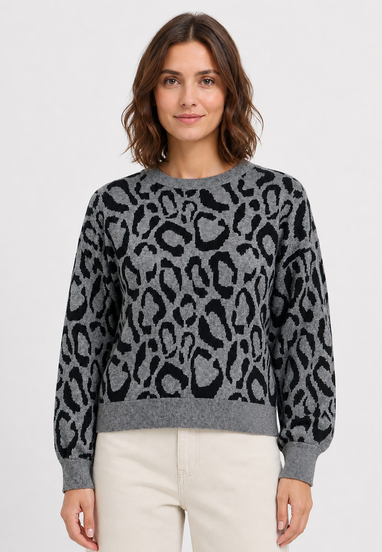 Vila Strickpullover Leopardenmuster Rundhalsausschnitt Rippbund Langarm (1-tlg) VITIP O-NECK L/S JACQUARD KNIT TOP/R/1
