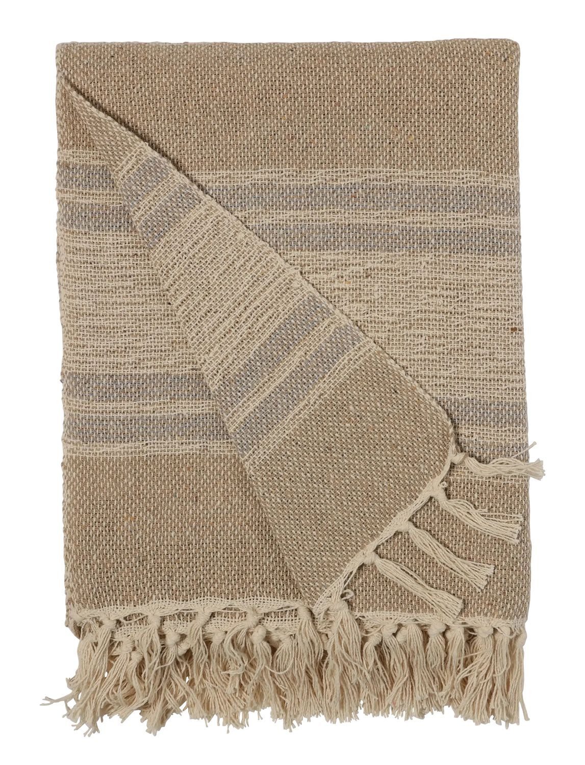 Wohndecke Sand/Light Blue, AU Maison, Stilvolle Baumwolldecke mit Fransen 130x170 cm