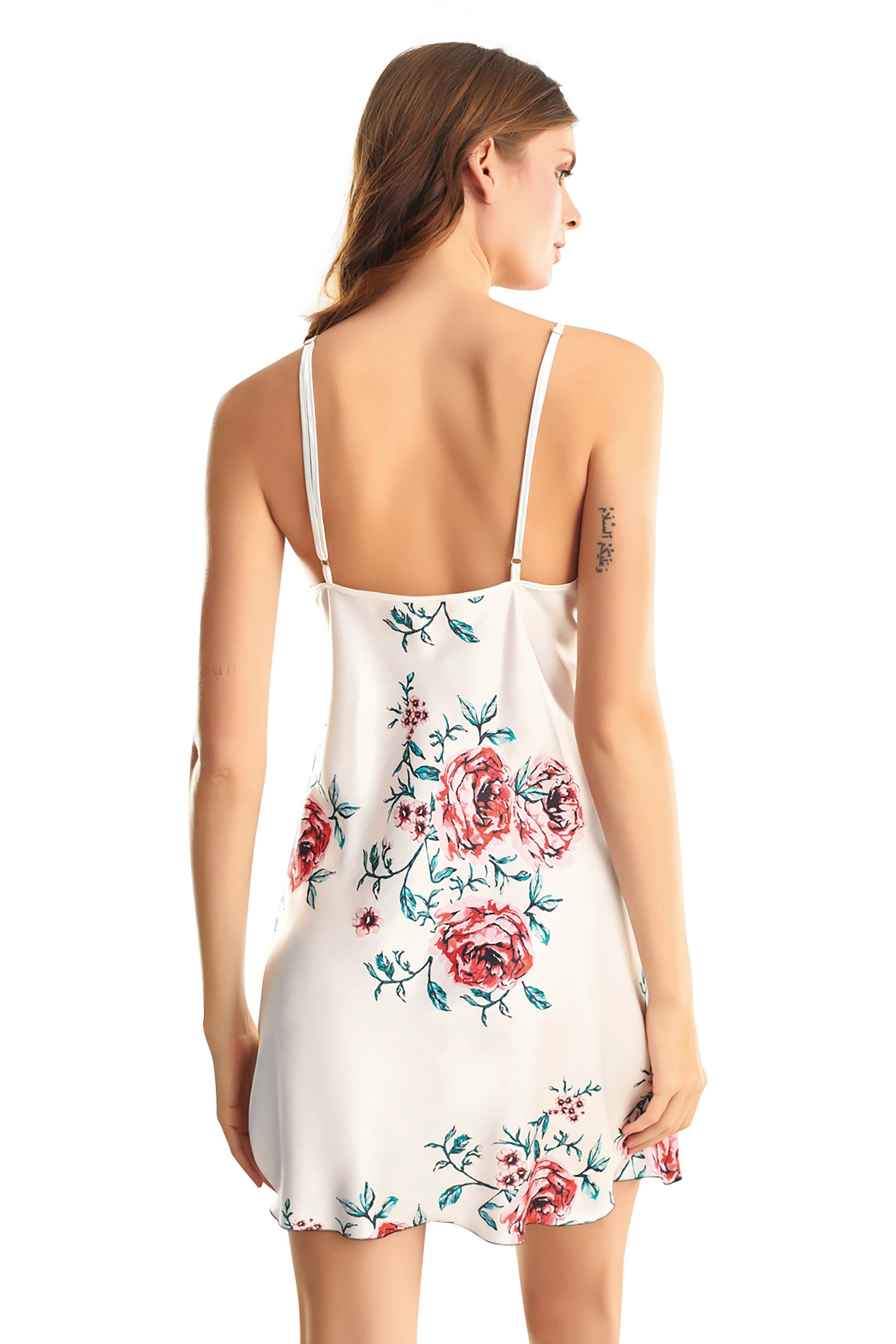 Nachthemd Satin Nachthemd Weiß mit Blumenmuster und Spitze