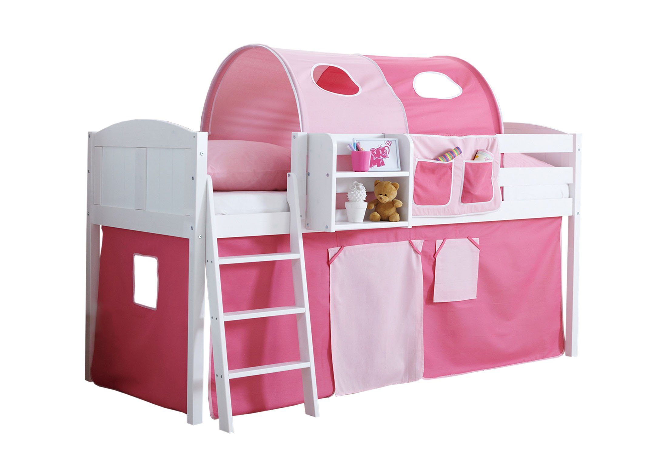 Ticaa Hochbett Hochbett "Eric" Country Kiefer Weiß Classic Weiß lackiert (Holzmaserung sichtbar)