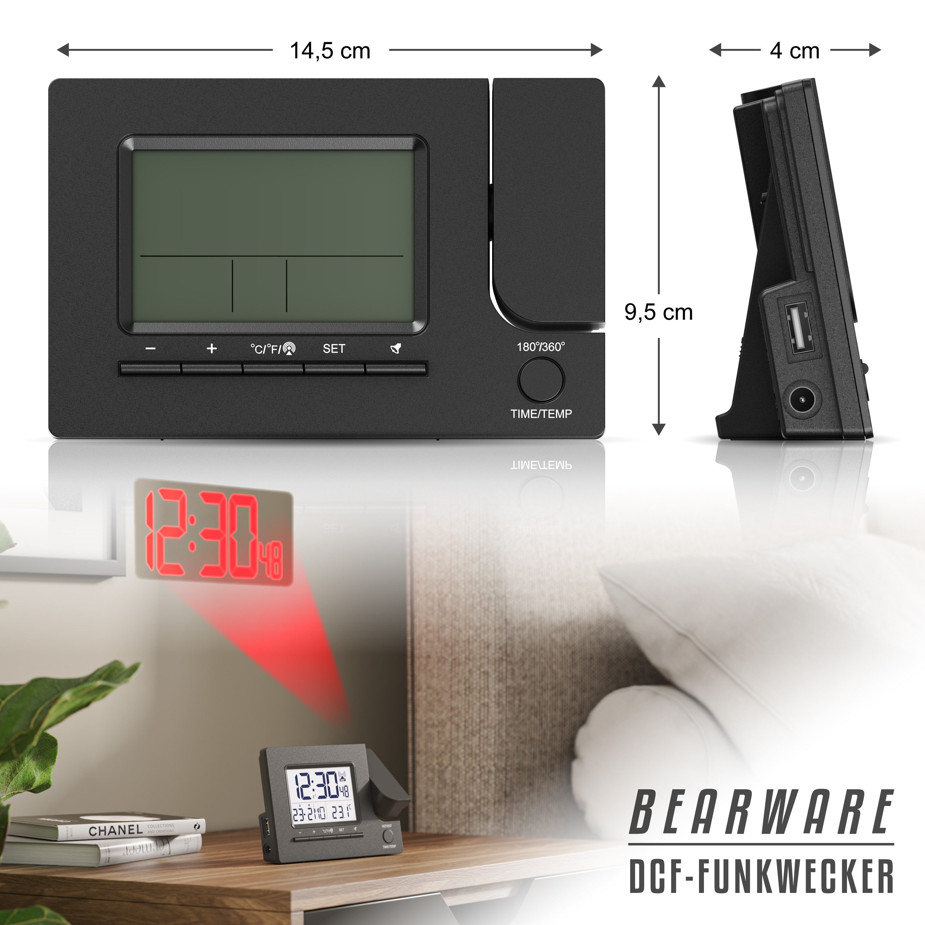 BEARWARE Projektionswecker Digitaler Tischwecker mit Projektion, USB-Ladeport & Temperaturanzeige Funkuhr mit 180° Projektionsfunktion, Dual-Alarm & weißem LCD-Display