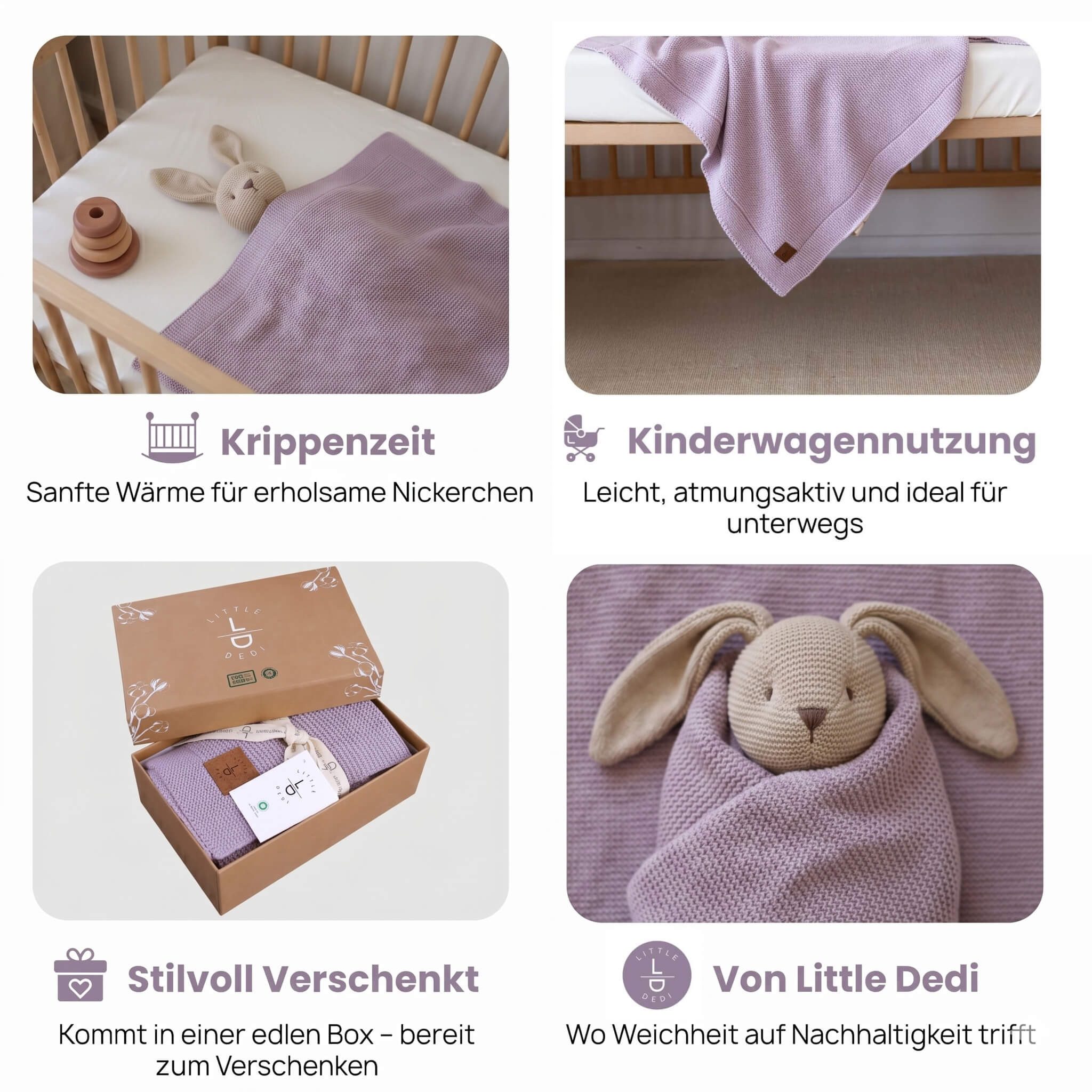 Babydecke Baby Strickdecke, %100 Bio Baumwolle, Atmungsaktiv, 80x100cm, Lavendel, Little Dedi