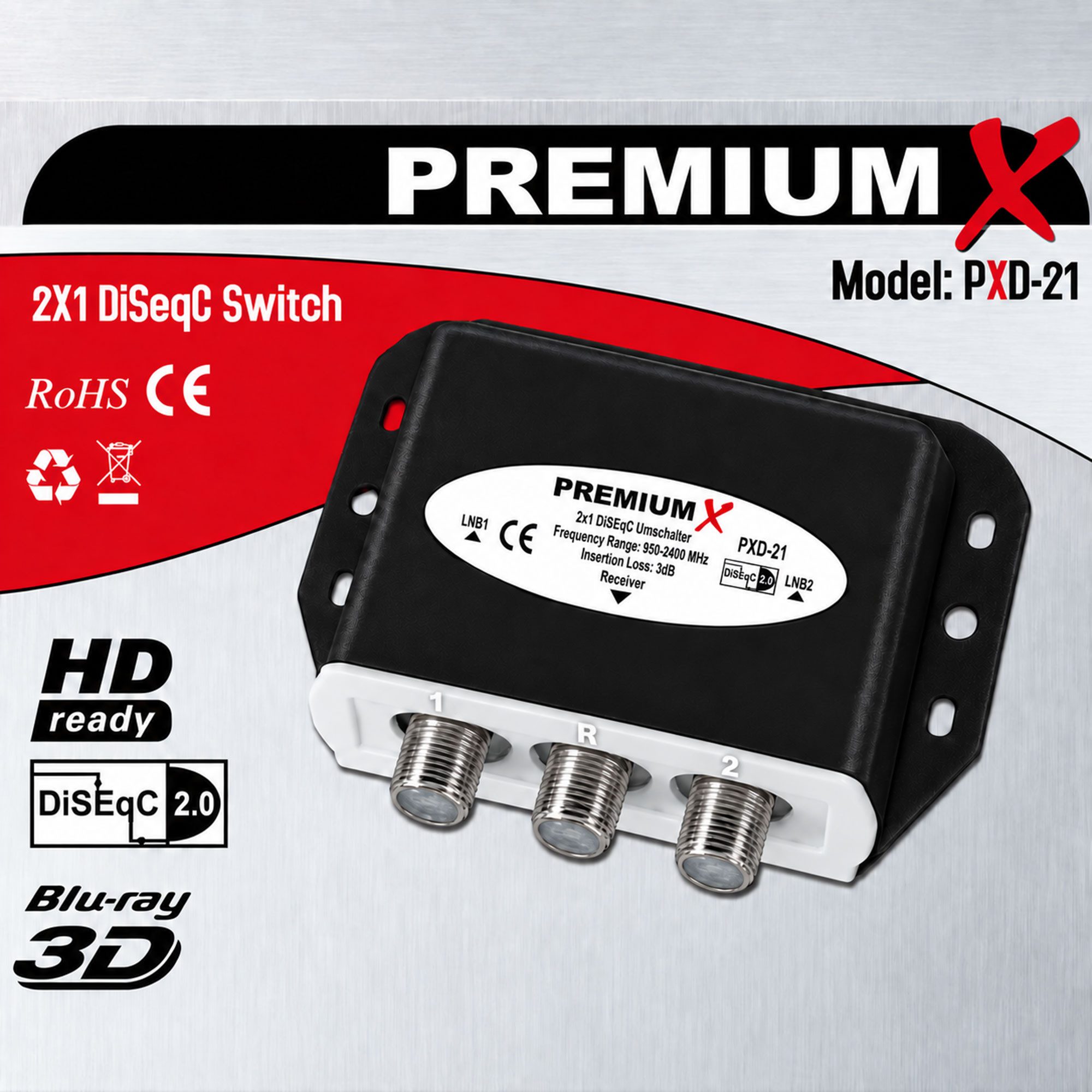 PremiumX SAT-Multischalter 4x DiSEqC Schalter 2/1 2.0 SAT Umschalter 2zu1 Switch 2-1 DVB-S DVB-S2 – Bild 2 von 3