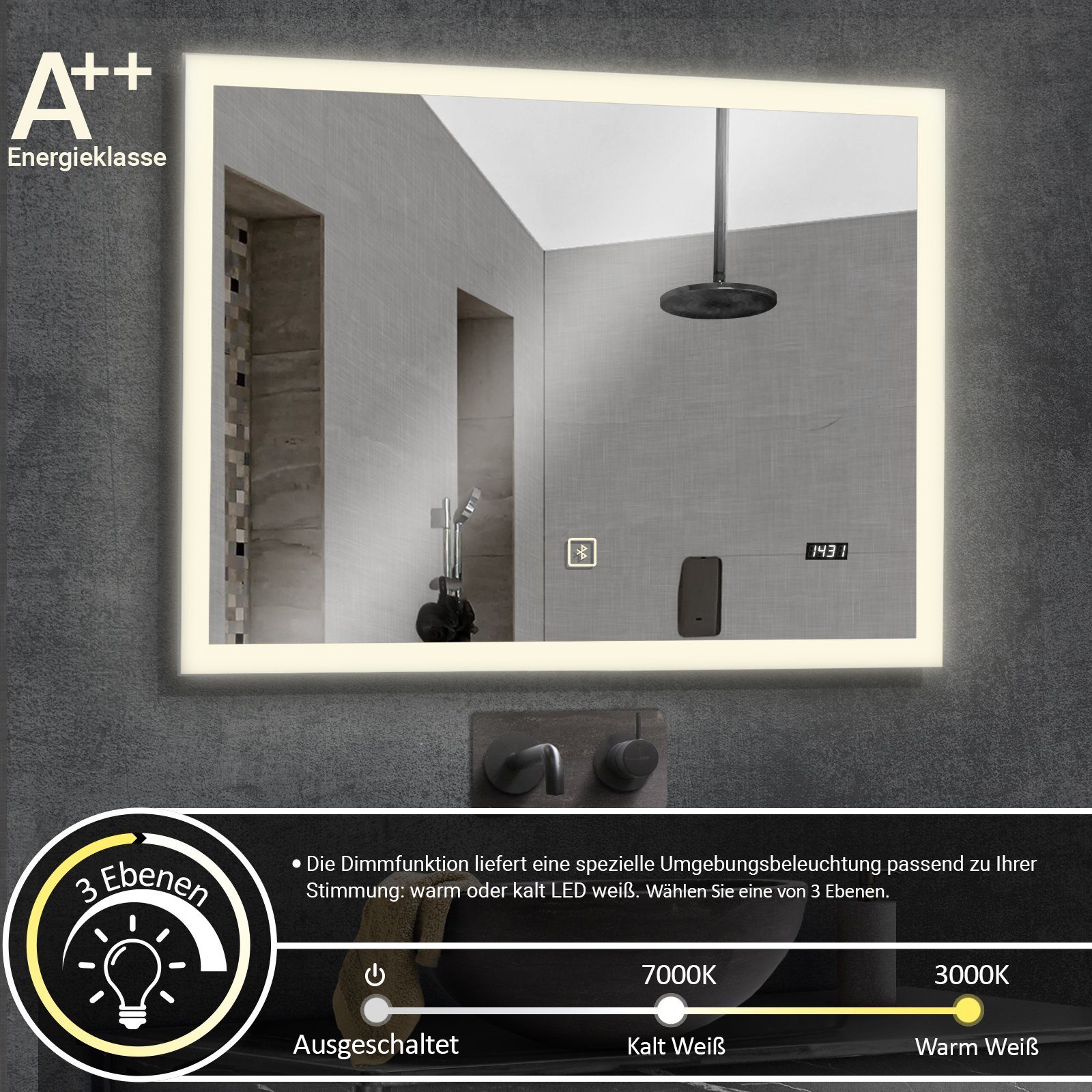 Badspiegel mit Digitaluhr Uhr Badezimmerspiegelschrank Badezimmerspiegel - Sprecher Aquamarin Touchschalter, - LED &