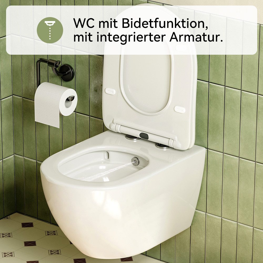 HOROW Dusch-WC Taharet -WC mit Softclose Toilettensitz, spülrandlose Toilette, Toilette mit Bidet-Funktion, Abgang waagerecht, Set, Wand-WC mit WC-Sitz Absenkautomatik
