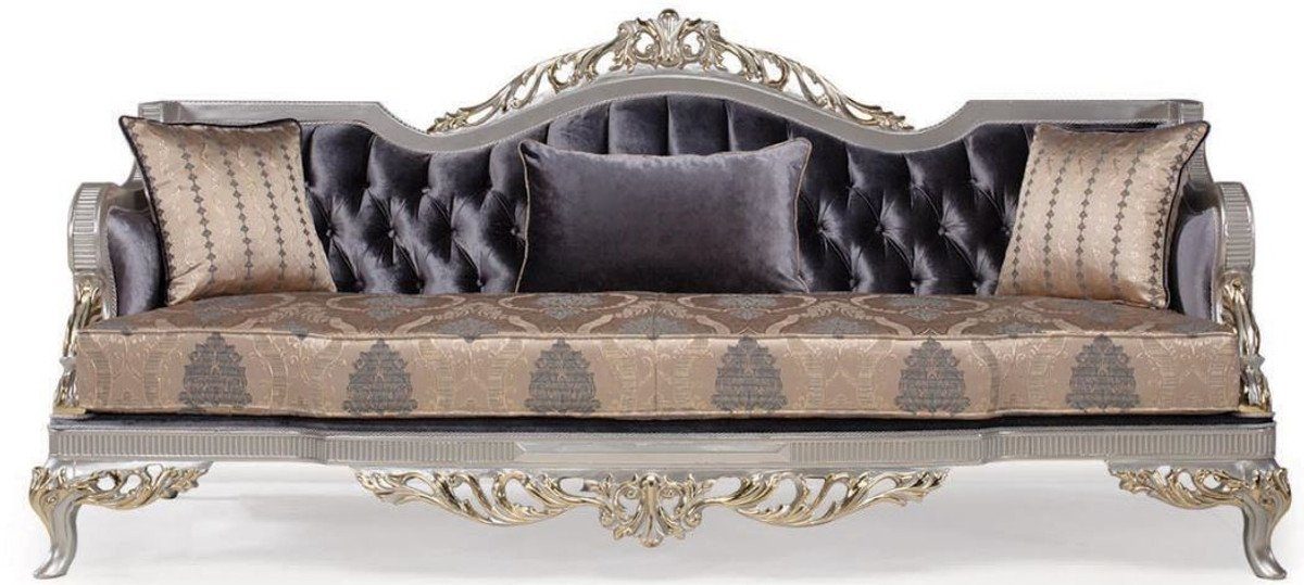 Casa Padrino Sofa Luxus Barock Wohnzimmer Sofa mit Kissen Lila / Beige / Silber / Gold 228 x 93 x H. 108 cm - Barockmöbel