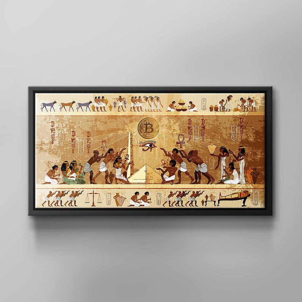 DOTCOMCANVAS® Leinwandbild Antike Bitcoin, Leinwand Wandbild Bitcoin altägyptische Zeichen Gold Brown Beige Ins schwarzer Rahmen