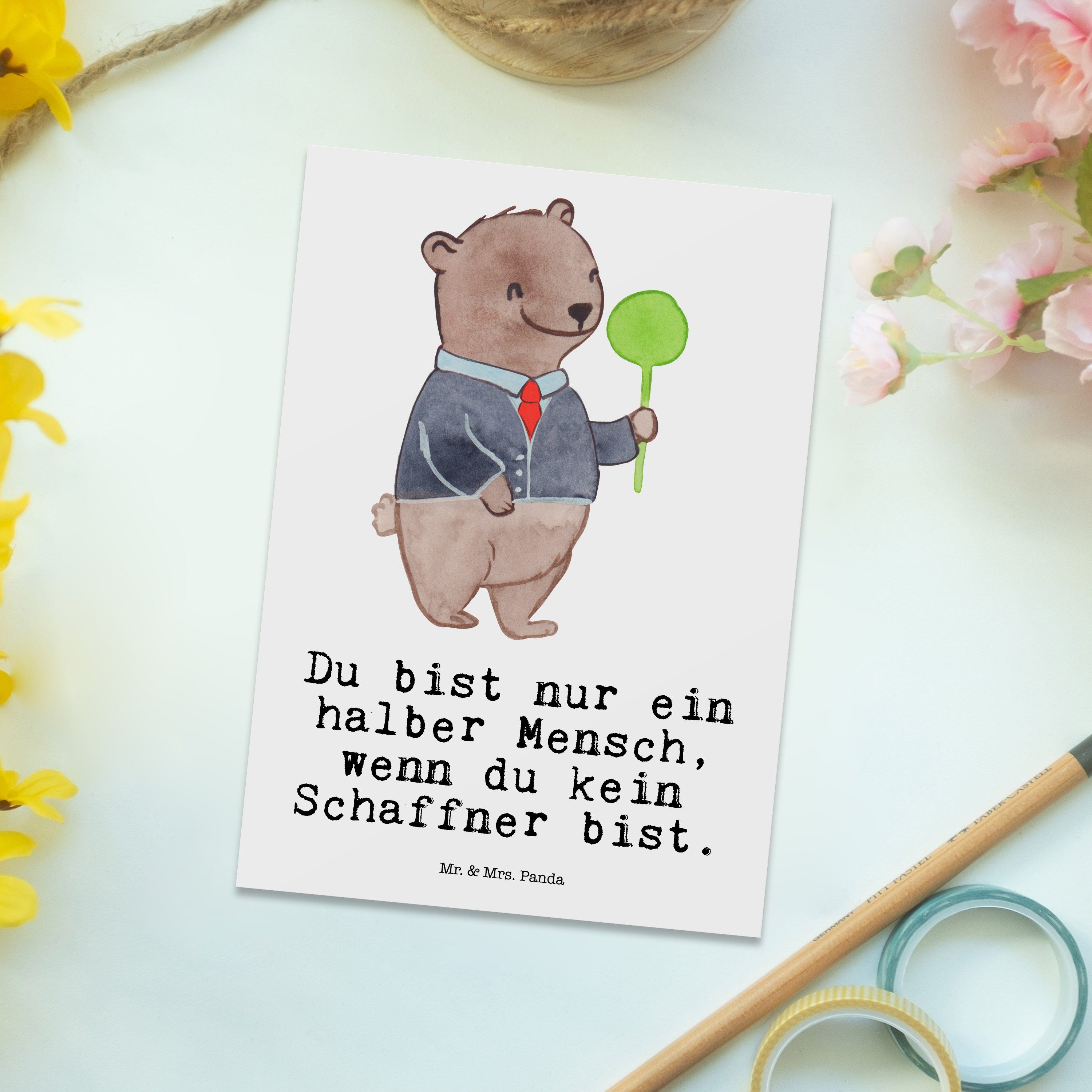 Mrs. Panda - Mr. Weiß Rente, Schaffner Herz mit Geschenk, Jubiläu - Postkarte & Einladungskarte,