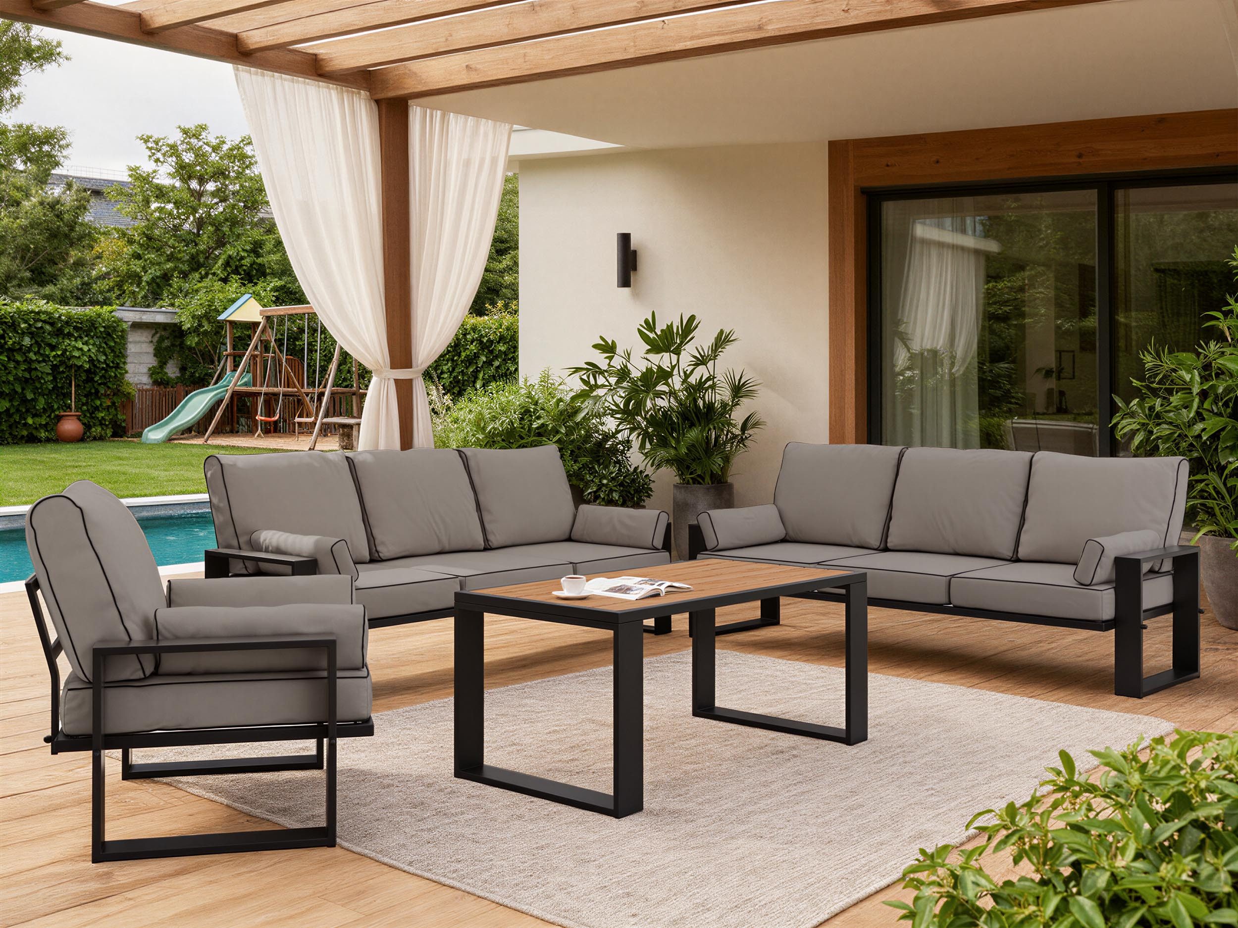 MKS MÖBEL Gartenlounge-Set ELBA Set-3, (Set, 1 Tisch, 2 Sofas, 1 Sessel, Metallbeine), Gartenmöbel set lounge, 7 Personen, Garten sofas, Outdoormöbel set