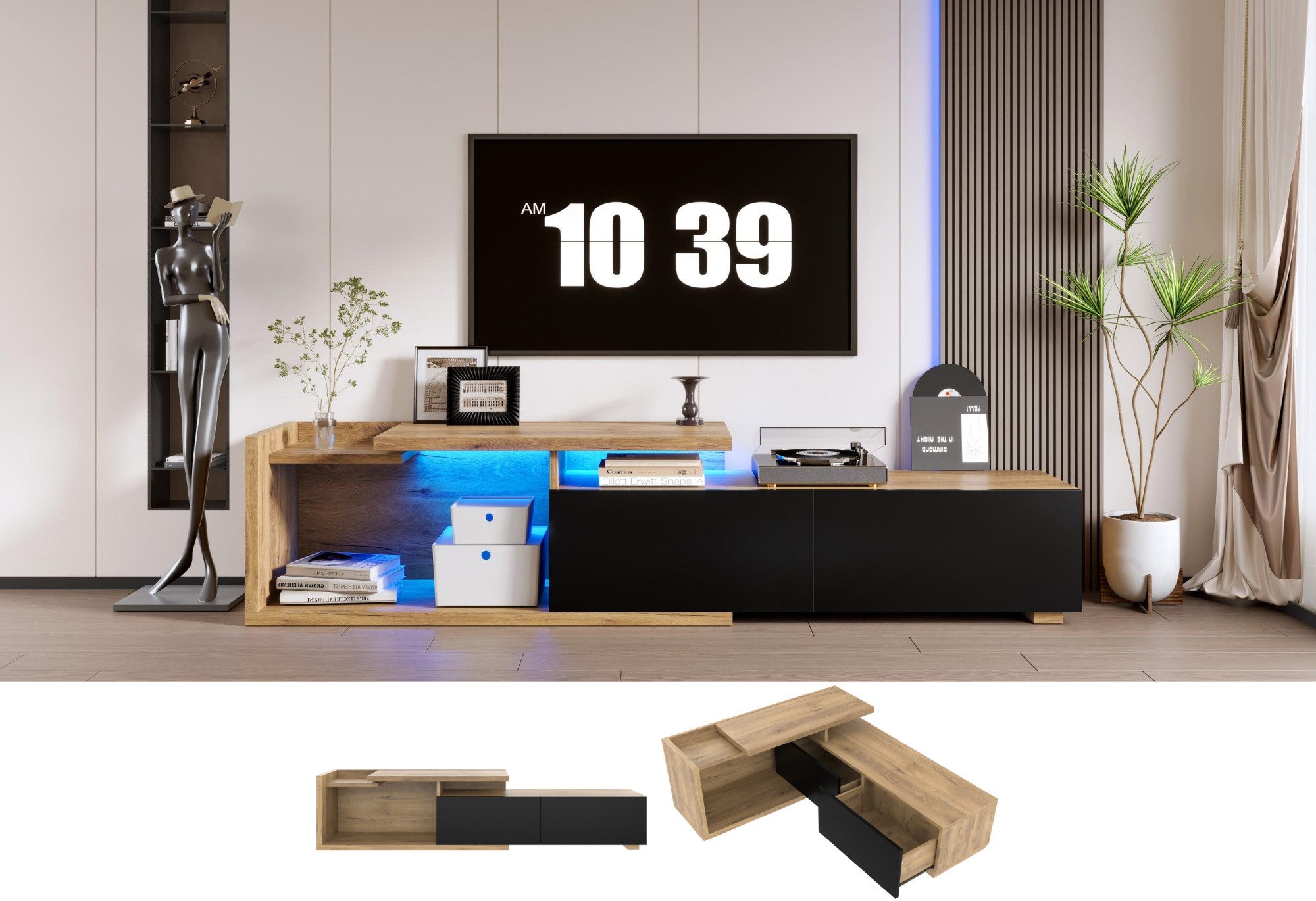 LVHOM TV-Schrank Modular 3-in-1, LED, großer Stauraum, ausziehbar bis 2m, 90° drehbar (Offener Stauraum+2 Schubladen, extravagant Stauraum, verschiebbarer TV-Schrank, rechter Schrankkörper frei positionierbar: verlängern oder L-Form, Tragkraft 50kg. Naturholz/Schwarz, LED dimmbar) Für Ecklösungen, vielseitig als Raumteiler im Wohnbereich, Sideboard