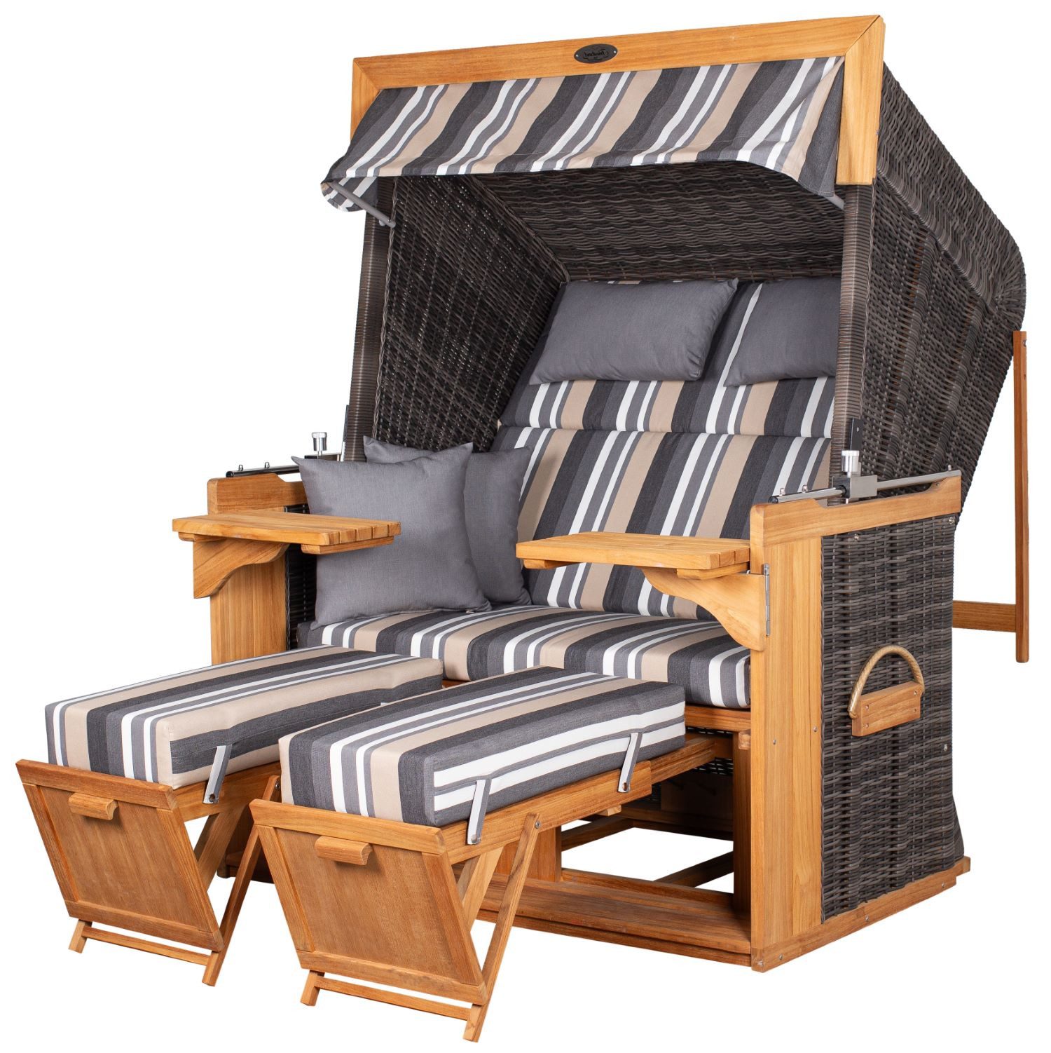 deVries PURE® Strandkorb Friesland Sylt XL - PE stone grey - Dessin 158, BxTxH: 135x90x165 cm, Volllieger, Nordsee-Strandkorb, Teakholz - PE-Markengeflecht - bequeme Polster - Schutzhülle