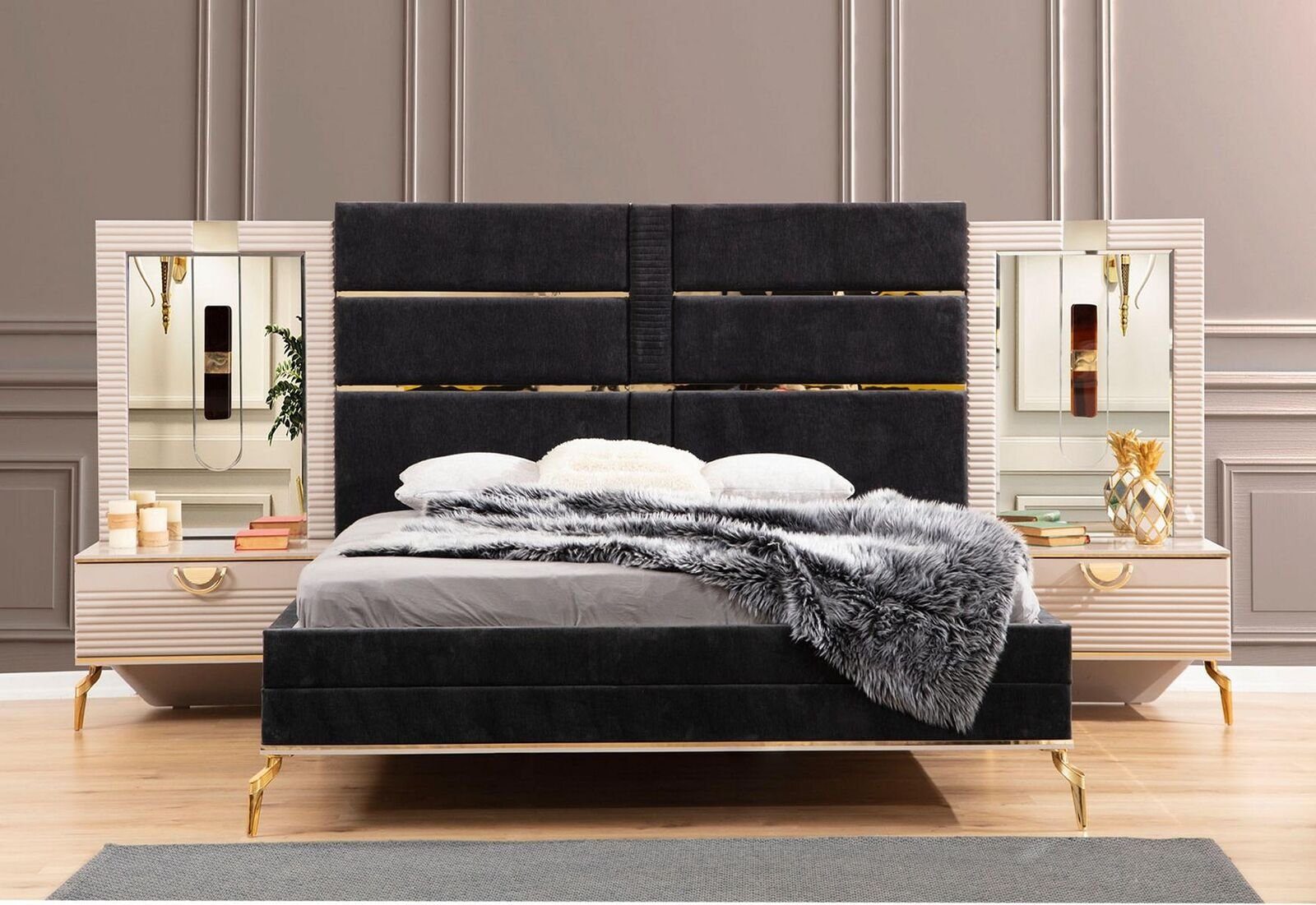 JVmoebel Schlafzimmer-Set Moderner Schlafzimmer Edelstahl Set Bett + 2x Nachttische Luxus Design, Made In Europe