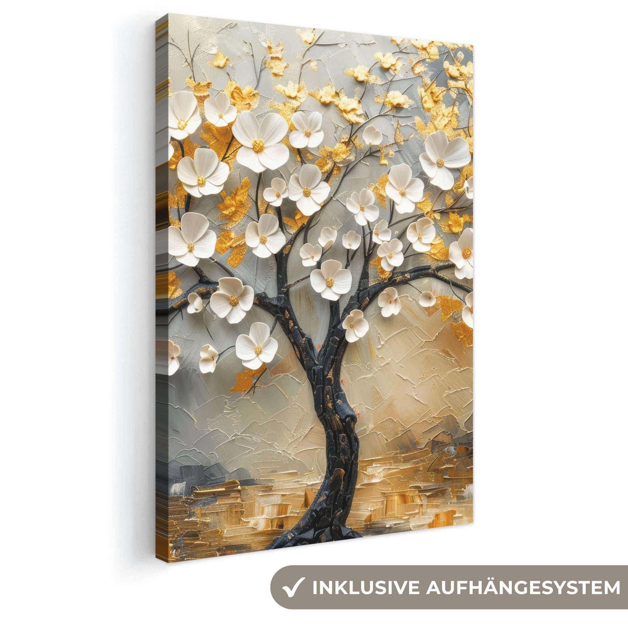 OneMillionCanvasses® Leinwandbild Baum - Blumen - Gold - Beige, Fotodruck (1 St), Leinwand Canvas Wandbild, Wanddekoration 20x30 cm