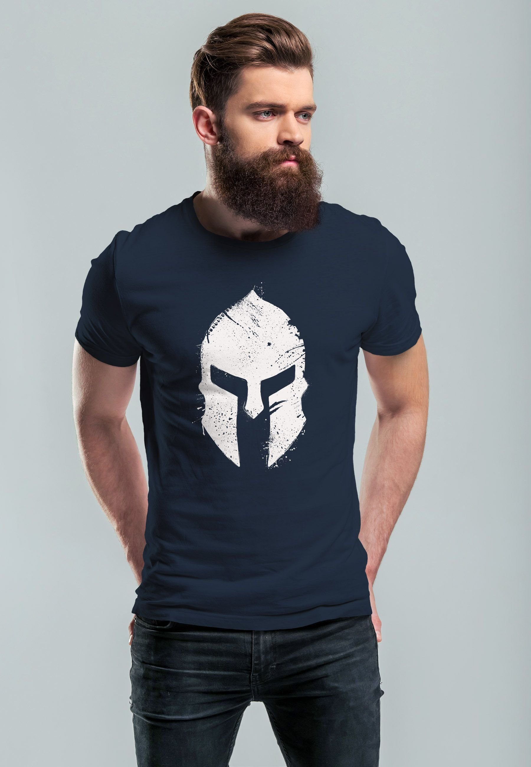 Neverless Print-Shirt Herren Sp Krieger navy mit Print Print Aufdruck Sparta-Helm T-Shirt Gladiator Warrior
