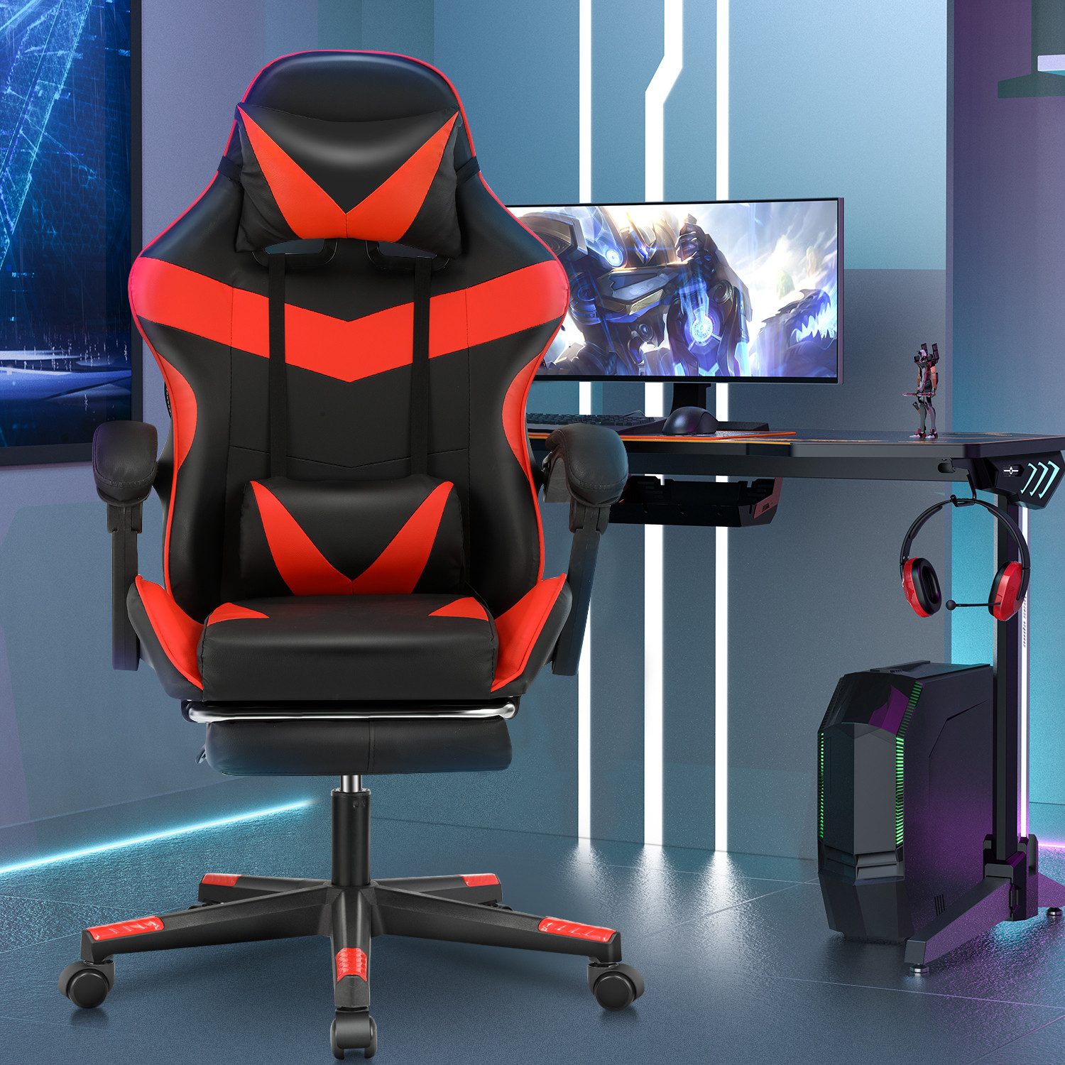 oyajia Gaming-Stuhl Ergonomischer Gaming Sessel mit Fußstütze und Kopfstütze Atmungsaktiv, mit abnehmbarem Kopfkissen, maximale Belastbarkeit 150 kg – Bild 2 von 5