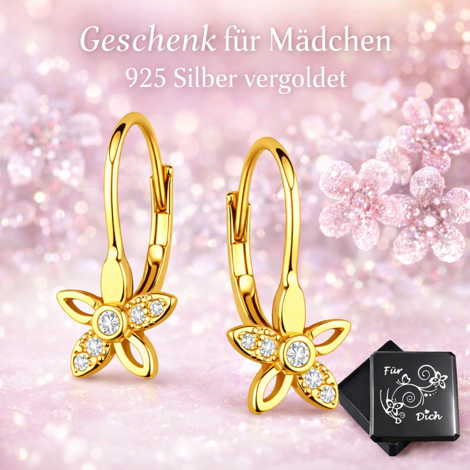 Limana Paar Creolen Kinder Ohrringe Mädchen 925 Silber vergoldet Ohrhänger Blume (Kinderschmuck inkl. Dose Schmuck für Geburtstag), Ostern Einschulung Schulanfang Nikolaus Kommunion Weihnachten