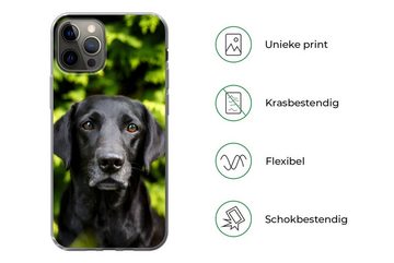 MuchoWow Handyhülle Ein schwarzer Labrador Retriever inmitten der grünen Blätter, Handyhülle Apple iPhone 12 Pro, Smartphone-Bumper, Print, Handy