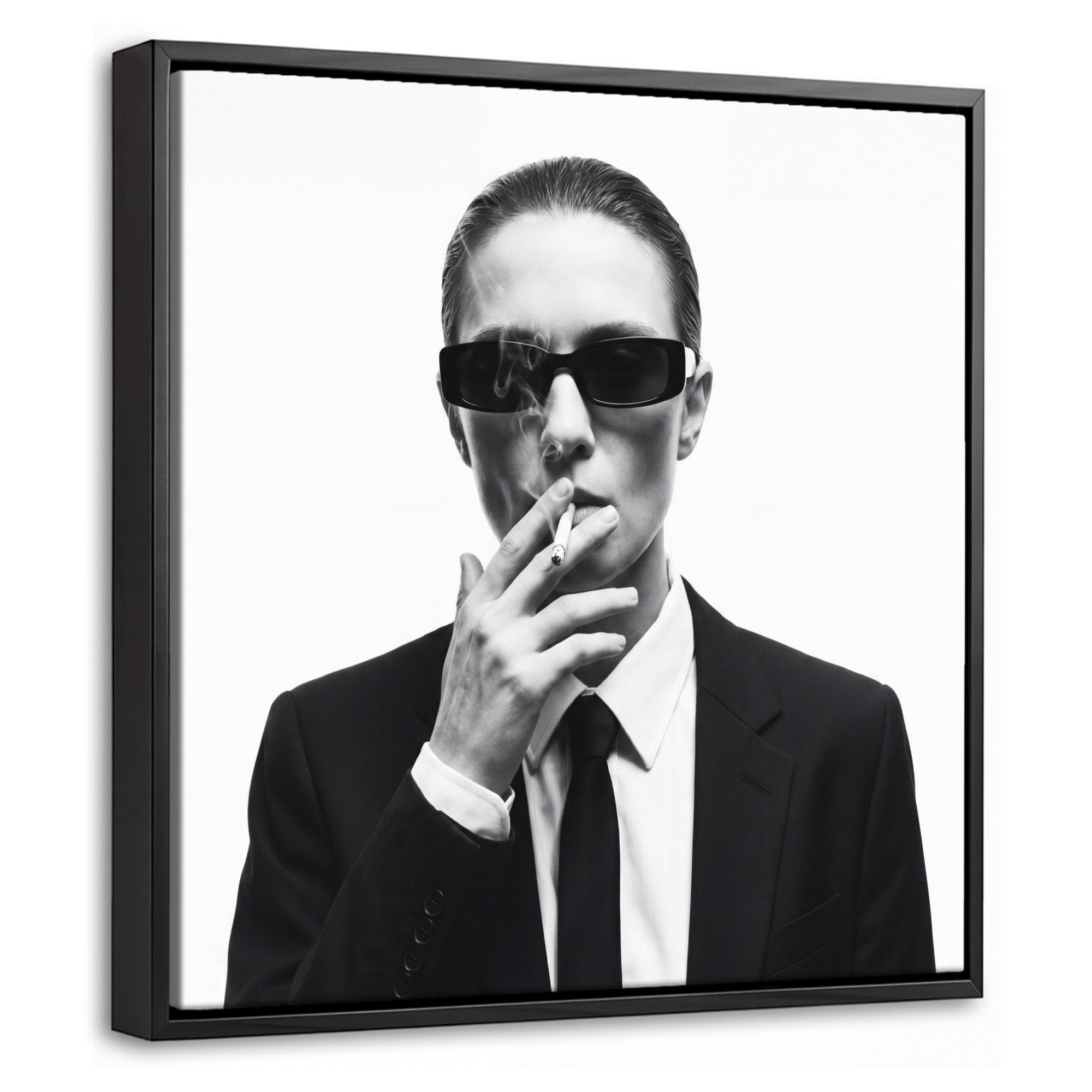 OneMillionCanvasses® Leinwandbild mit Rahmen - Porträt - Anzug - Rauchen - Schwarz - Weiß - Hart, Fotodruck (1 St), Leinwand Bilder Klein, Wand Dekoration Aesthetic 20x20cm