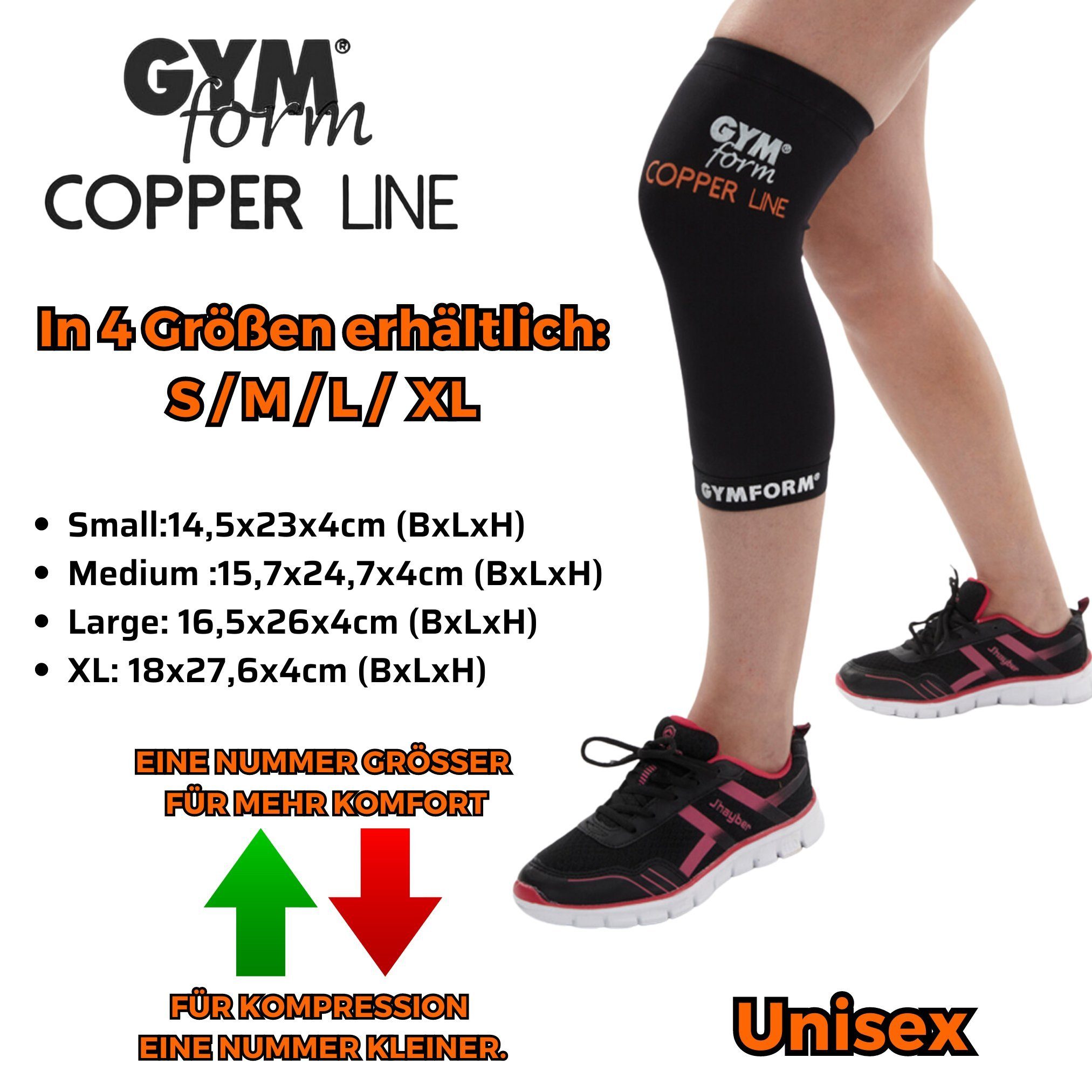 Gymform® Kniebandage Copper Line - Knee Sleeve (Spar-Set 1er oder 2er Pack, 1-tlg., in 4 Größen - S, M, L, XL), Kniestütze - Kompressions Bandage aus Kupferfasern, atmungsaktiv