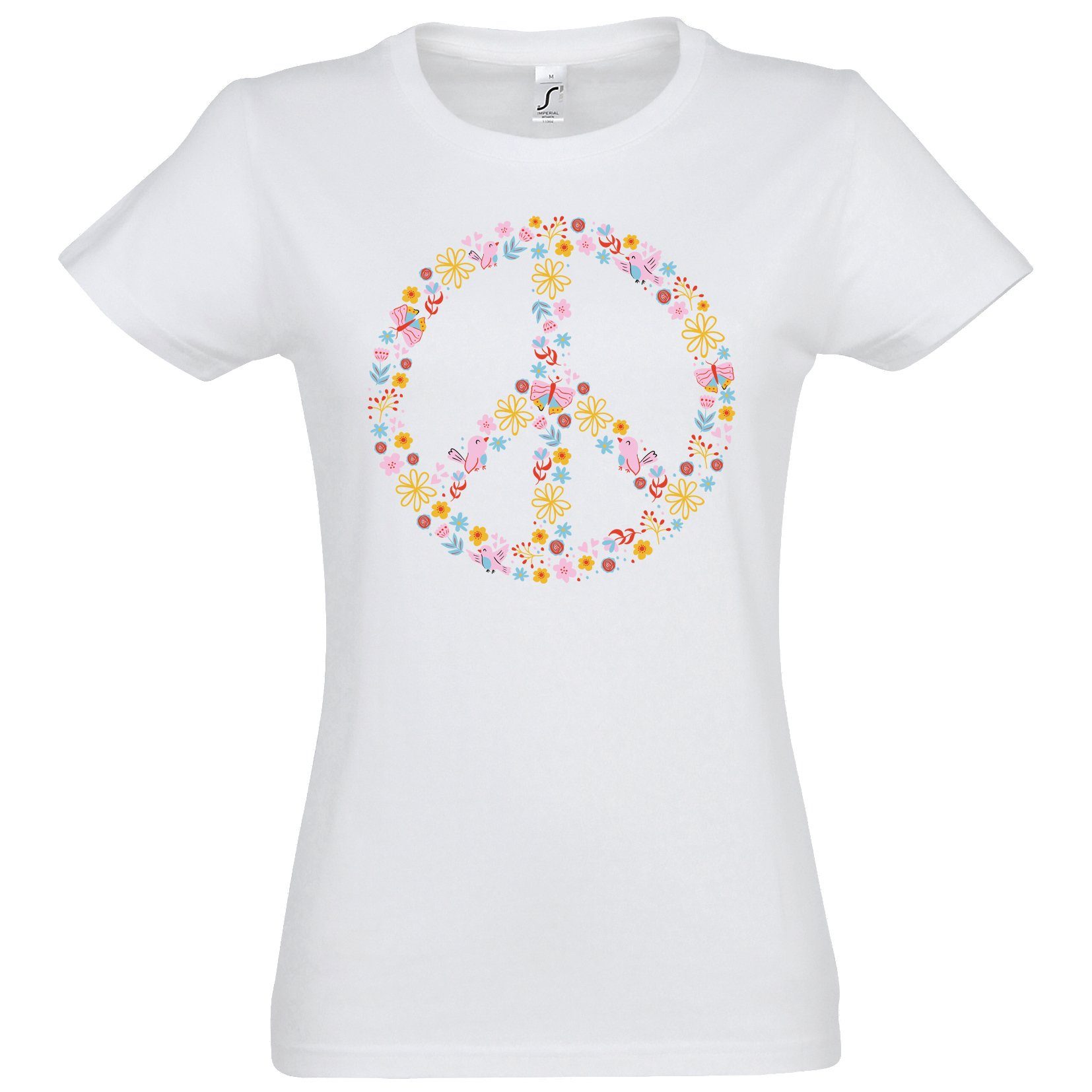 Peace Damen Designz T-Shirt Flowers Trendigem mit Weiss Look Youth Shirt Retro