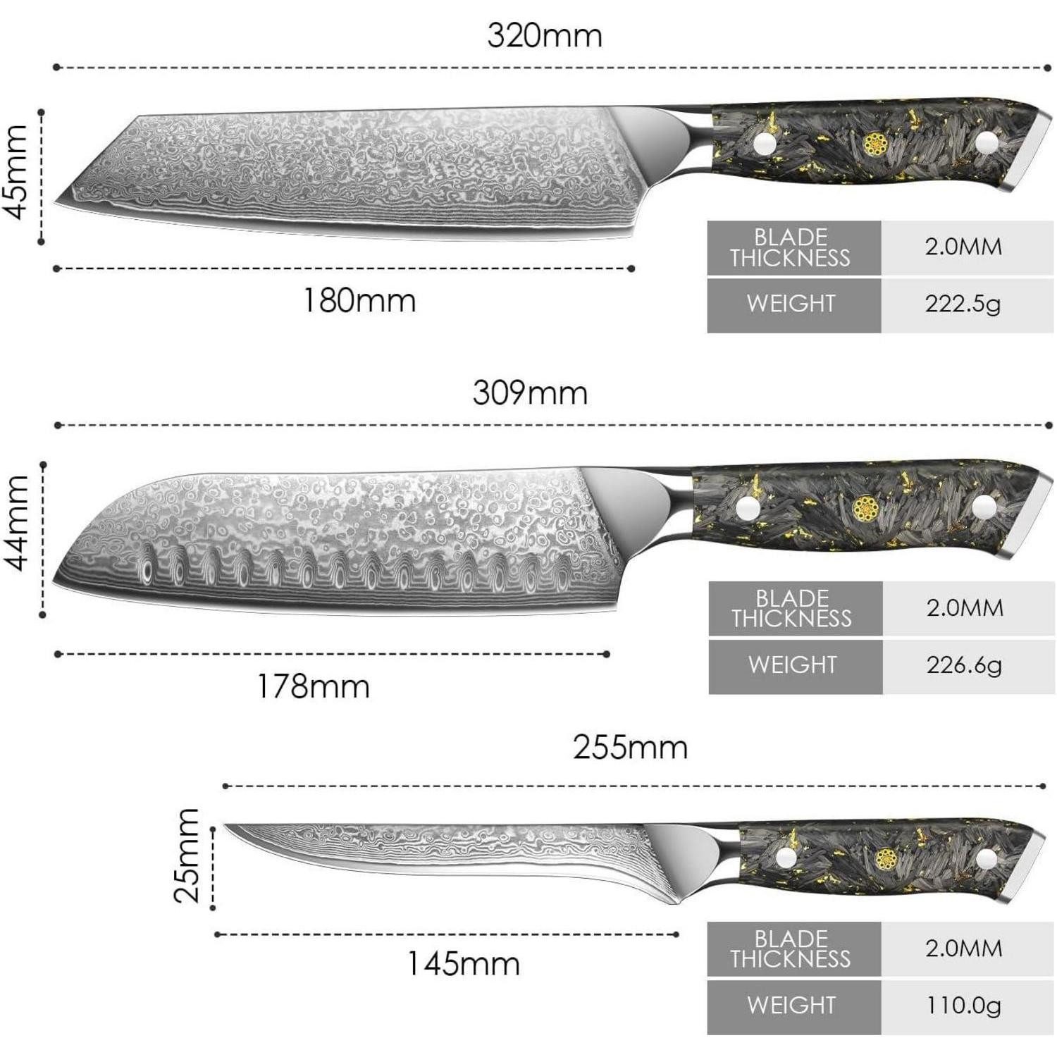 LuxusKollektion Messer-Set Damast Santoku Messerset 3-tlg