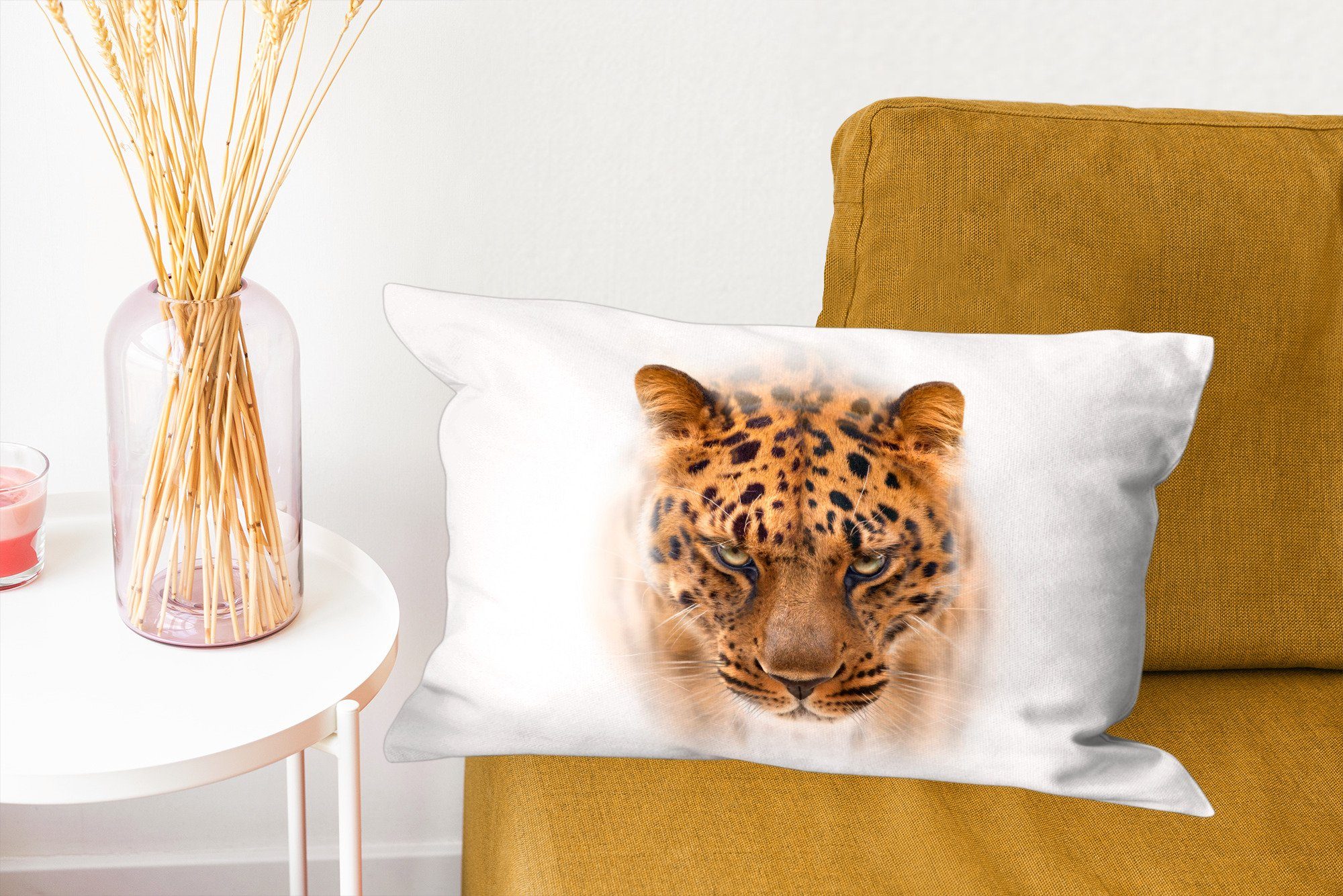 Dekoration, - MuchoWow - Dekokissen Wohzimmer Leopard mit Dekokissen Füllung, Gesicht, Schlafzimmer Weiß Zierkissen,