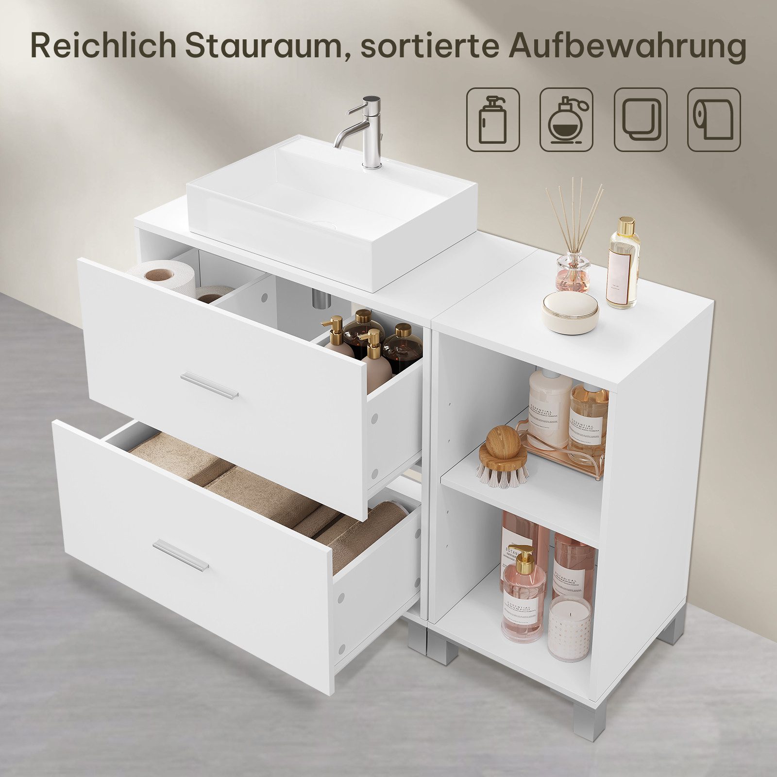 EUGAD Waschbeckenunterschrank (1-St) mit 2 Schubladen, Seitenschrank, freistehend, weiß, 90x60x30 cm – Bild 5 von 5