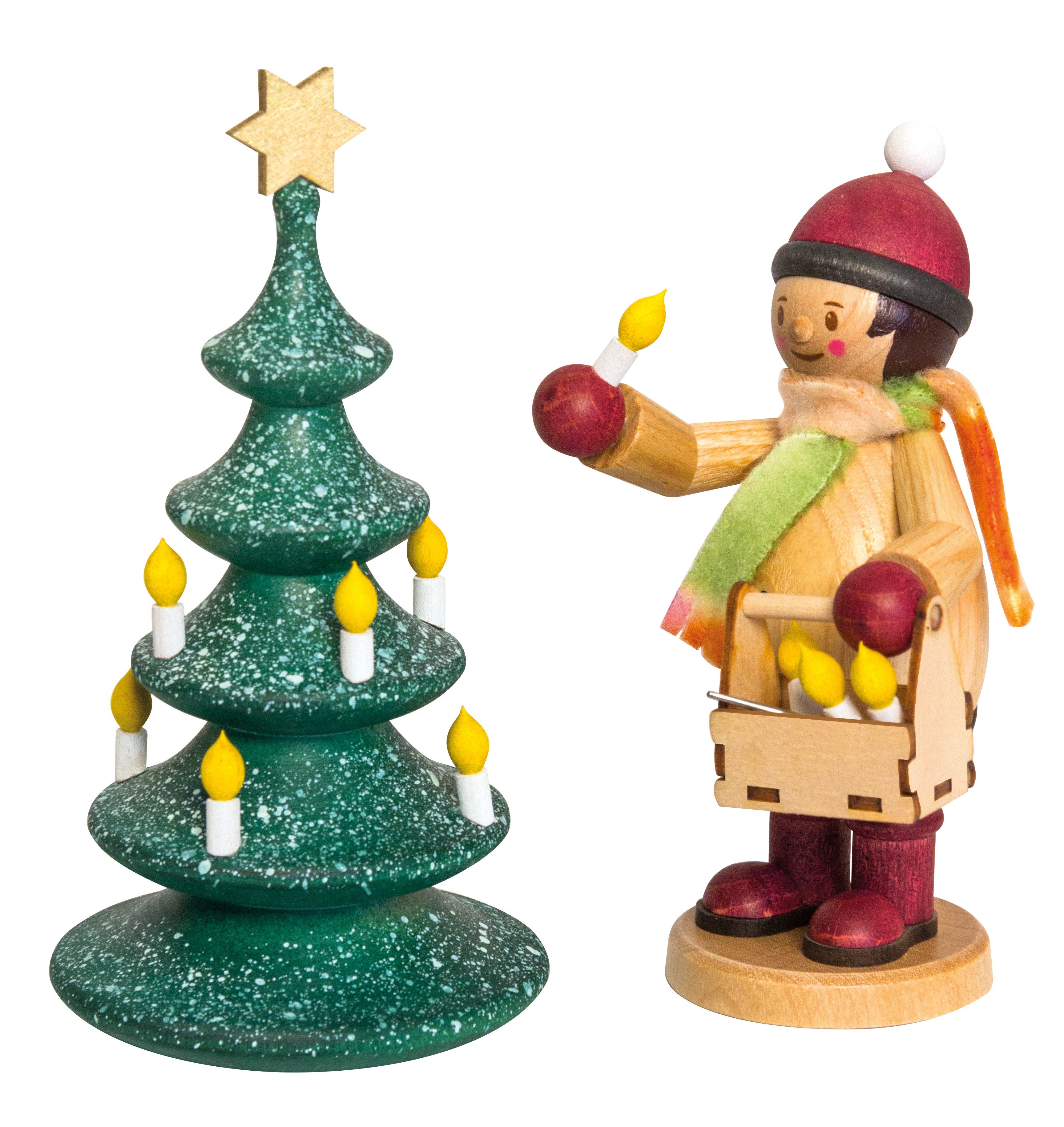 Kuhnert Dekofigur Mäxchen mit Lichterbaum - ca. 12cm - aus handgearbeitetem Holz, winterliche Dekoration - erzgebirgische Holzkunst - Made in Germany