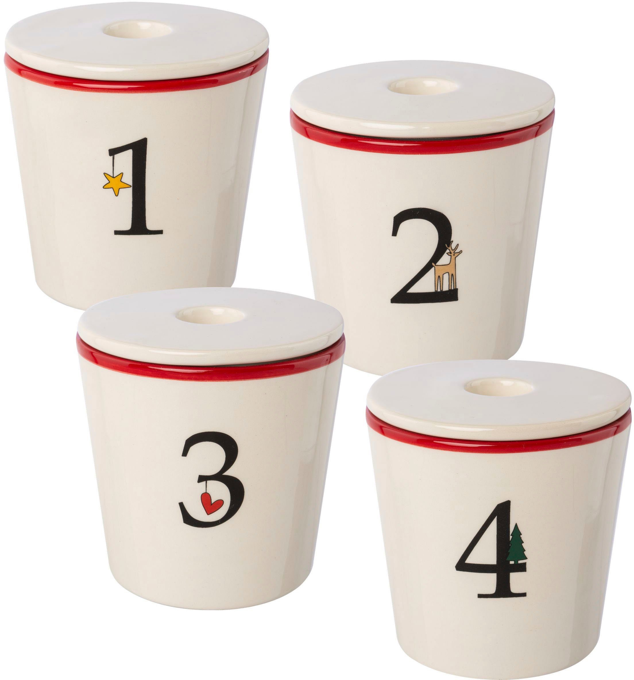 Creativ deco Kerzenhalter Stabkerzenhalter für die Adventszeit, Weihnachtsdeko (Set, 4 St), Becher aus Keramik mit Cover 1 bis 4, Höhe ca. 10 cm, Adventsleuchter