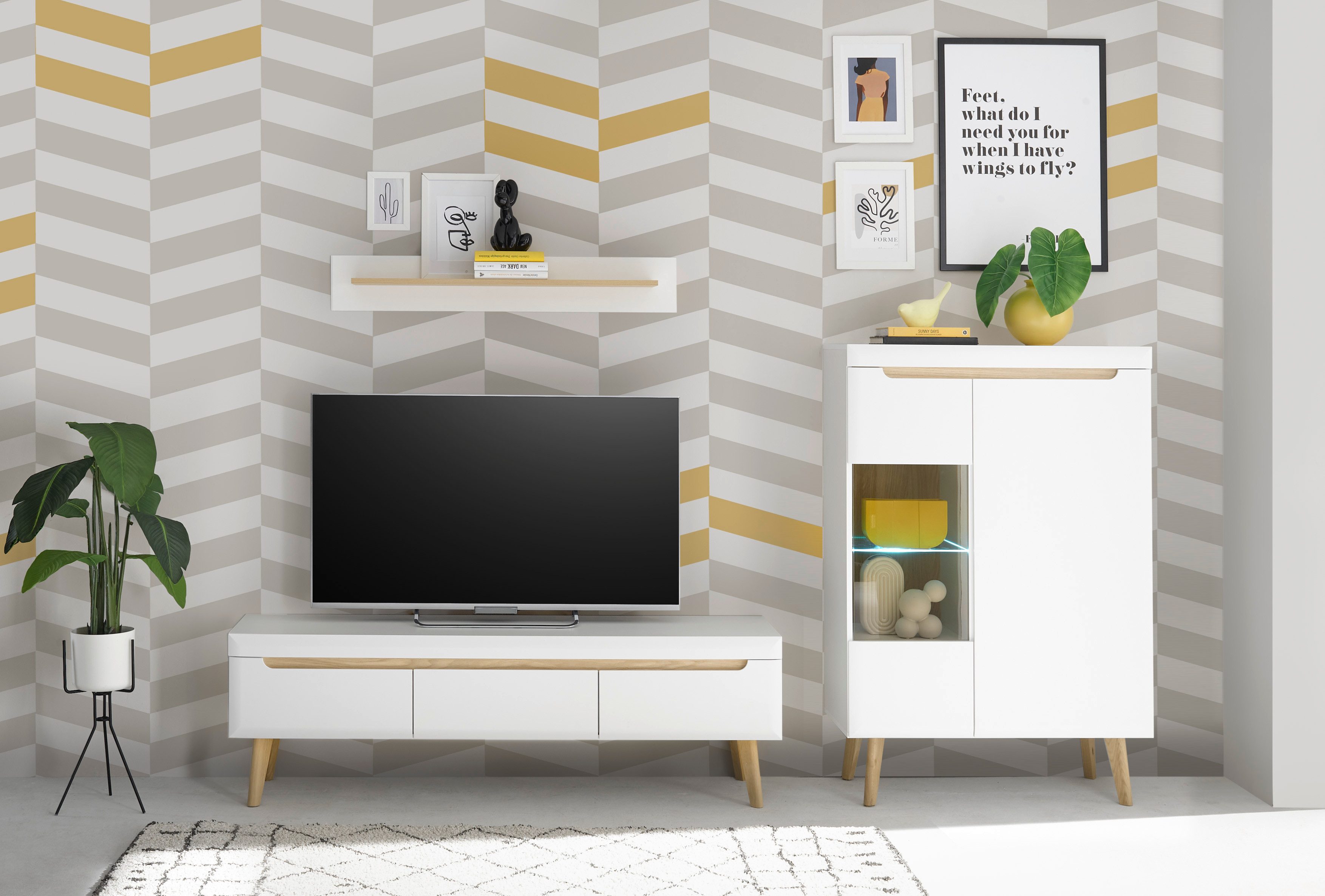 INOSIGN Wohnwand Torge, Anbauwand, Schrankwand, Mediawand, Wohnzimmer-Set, (Set, 3-St), enthält 1 Vitrine, 1 Lowboard + 1 Wandboard, 270 cm breit