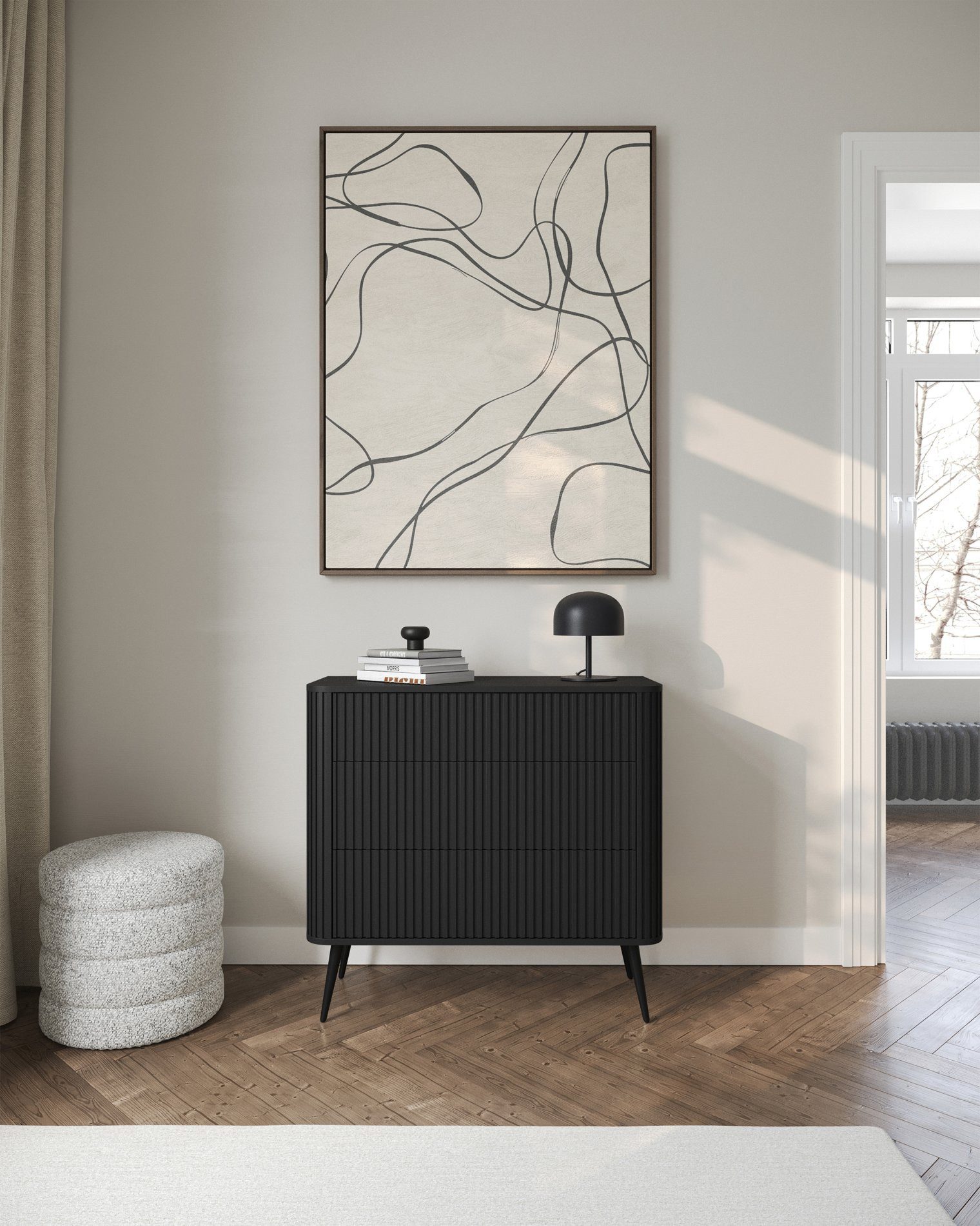 Selsey Kommode OVARLO, mit 3 Schubladen und geriffelten Fronten, schwarz mit schwarzen Beinen